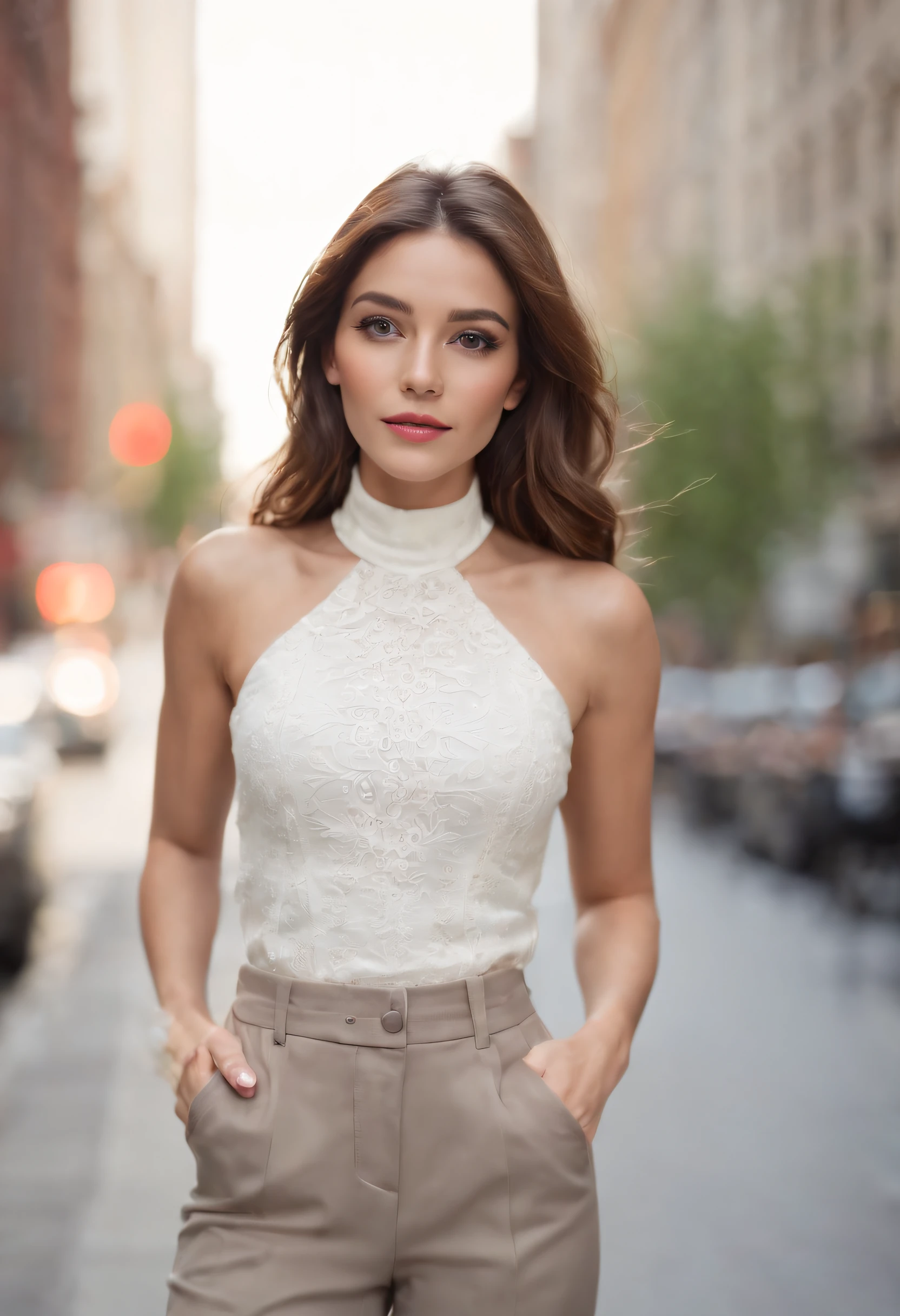(masutepiece, Best Quality), Beautiful woman, Detailed sleeveless turtleneck top, Pants, Necklace, Wavy Hair, Perfect face, Beautiful face, enticing, big gorgeous eyes, Open mouth, Happy, perfect slim fit body, (plein air), the city street, New York, Bright colors
