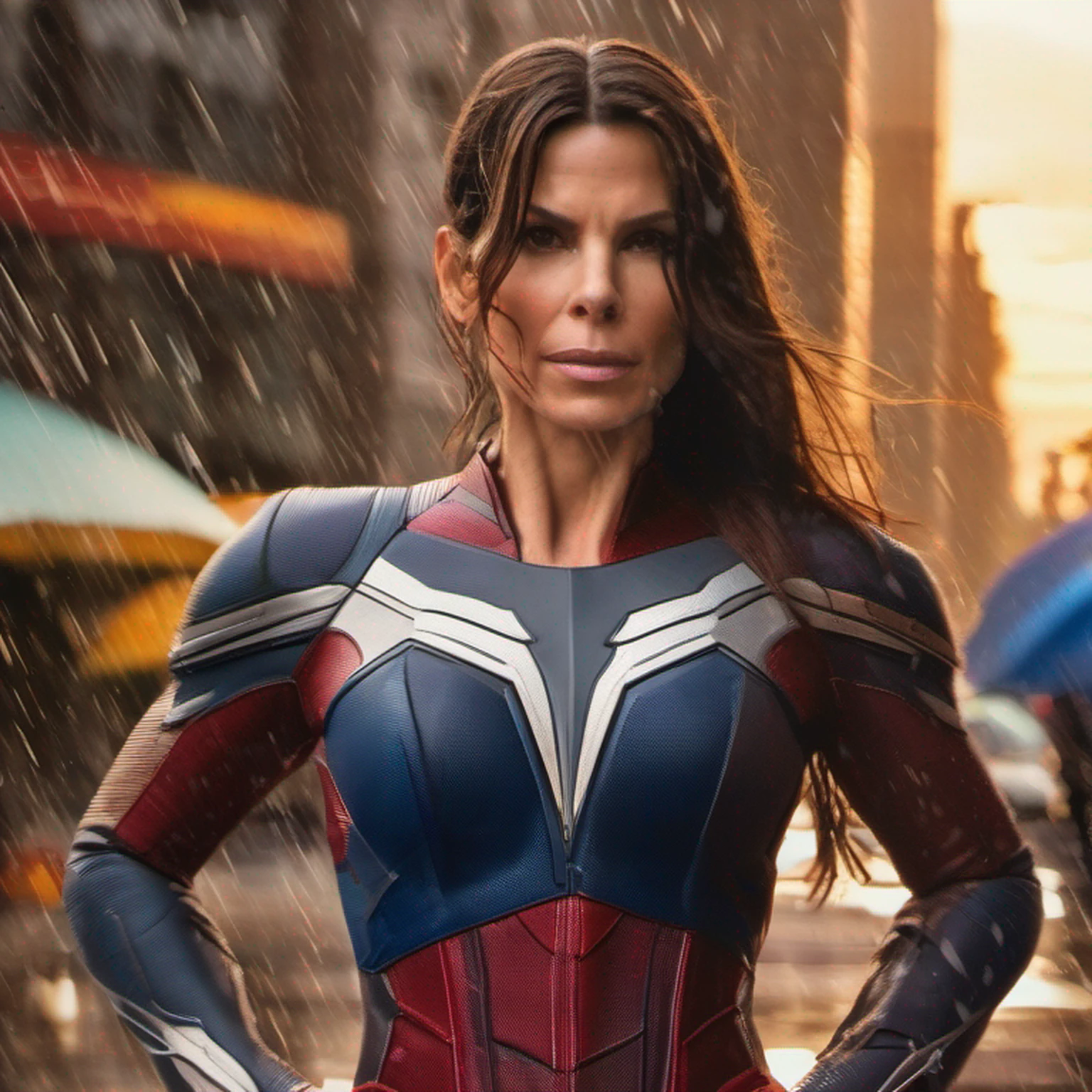 Sandra Bullock 25 anos, em traje marrom detalhado do Homem-Aranha, seios grandes, super hero pose, Standing in the city raining at sunset, hiperdetalhado, smoke billowing, Sparks, raios solares, (8k), realista, symmetr, Concedido, cinematographic lightning, Encharcado, filmes, 75 millimeters, Scratches, foto de corpo inteiro, Close-up, roupas rasgadas e sujas, rosto detalhado