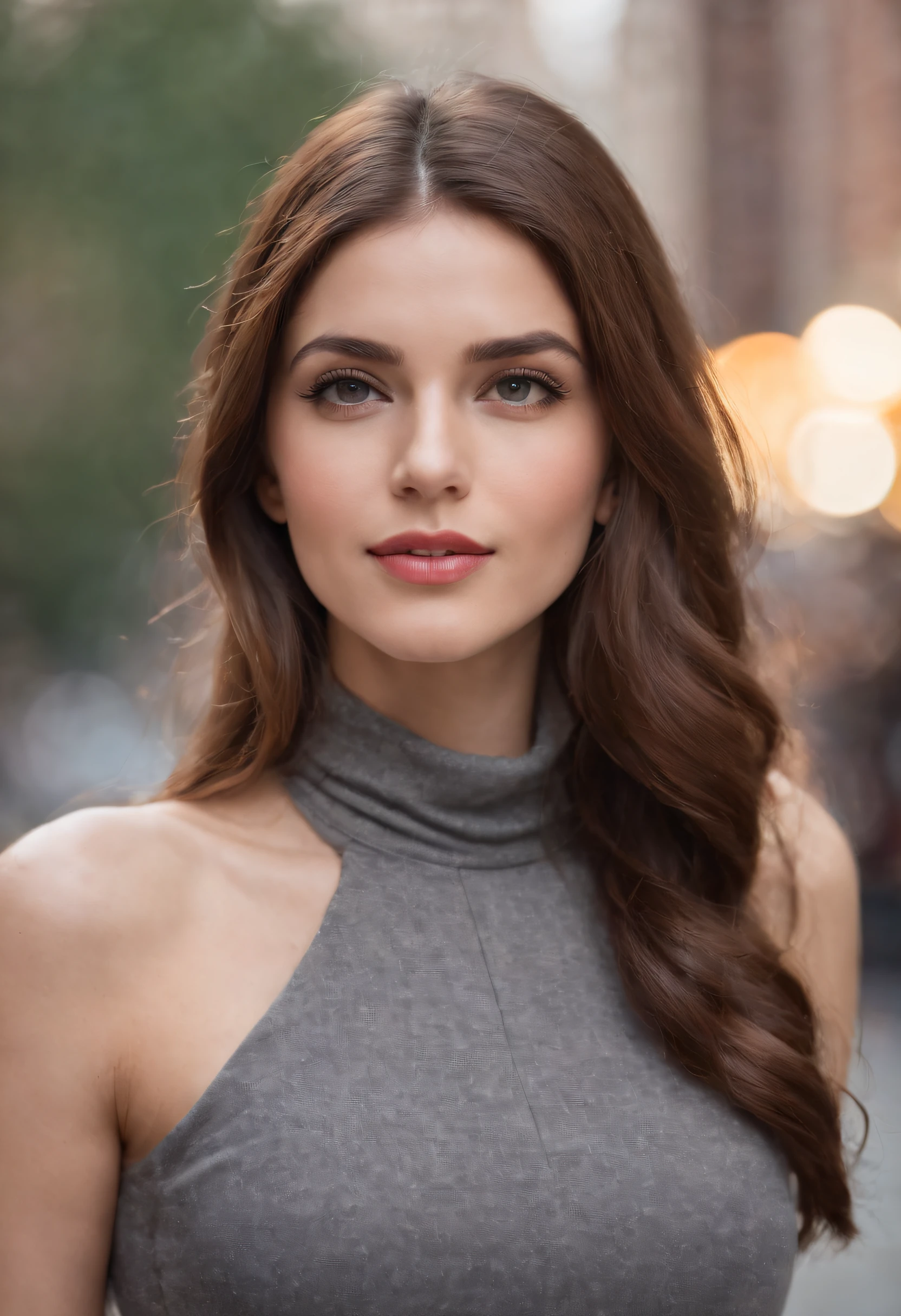 (masutepiece, Best Quality), Beautiful woman, Detailed sleeveless turtleneck top, Pants, Necklace, Wavy Hair, Perfect face, Beautiful face, enticing, big gorgeous eyes, Open mouth, Happy, perfect slim fit body, (plein air), the city street, New York, Bright colors