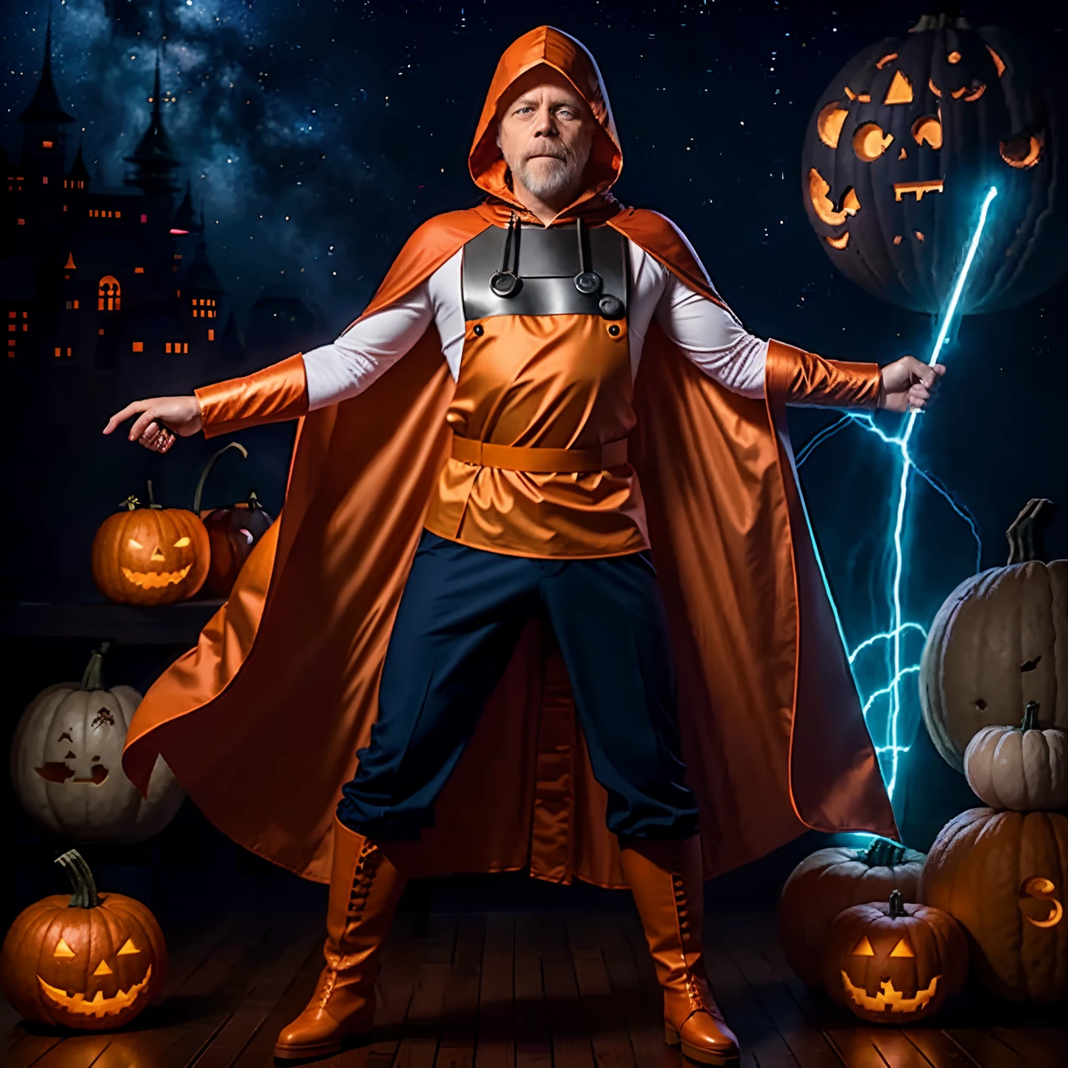 Mark Hamill, 40 years old, clean shaven, smiling, showing teeth, menacing look, wearing an orange tunic, orange cape and hood, blue sleeves and pant legs, orange gloves, orange boots, action pose, holding a pumpkin bomb