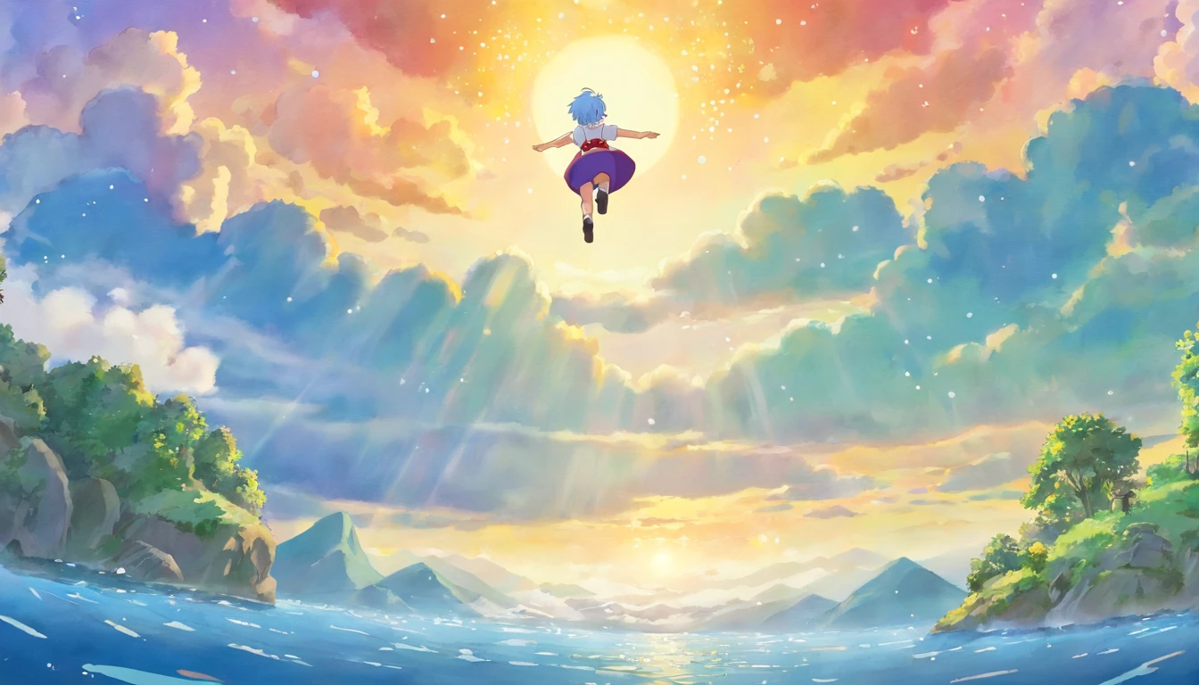 1.5),(1 boy),(dynamic pose),(multicolored hair+silver hair:1.3+red hair:1.2+purple hair+yellow hair:1.3+green hair:1.3),(blue eyes),(neck ribbon),(floating),(cloud),(too many drops of water),(twilight),(watercolor),(wide shot)