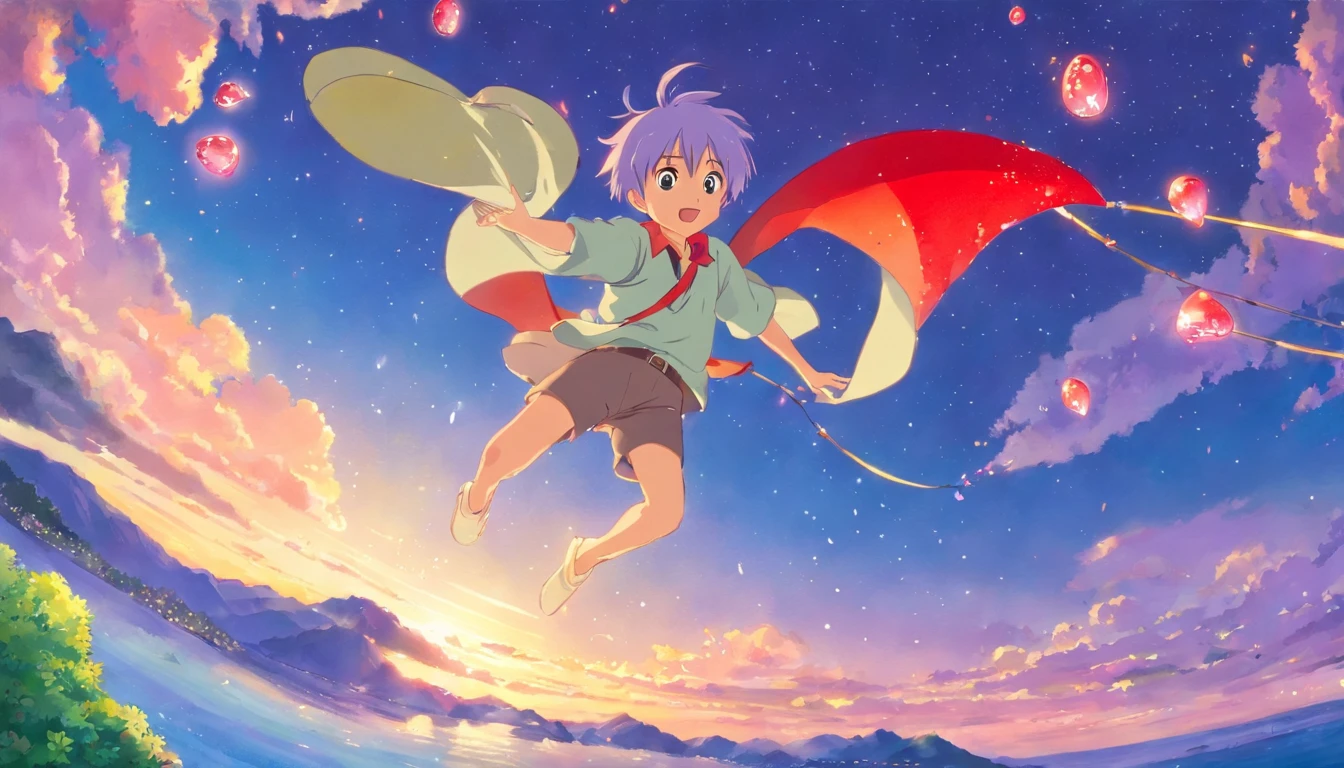 1.5),(1 boy),(dynamic pose),(multicolored hair+silver hair:1.3+red hair:1.2+purple hair+yellow hair:1.3+green hair:1.3),(blue eyes),(neck ribbon),(floating),(cloud),(too many drops of water),(twilight),(watercolor),(wide shot)