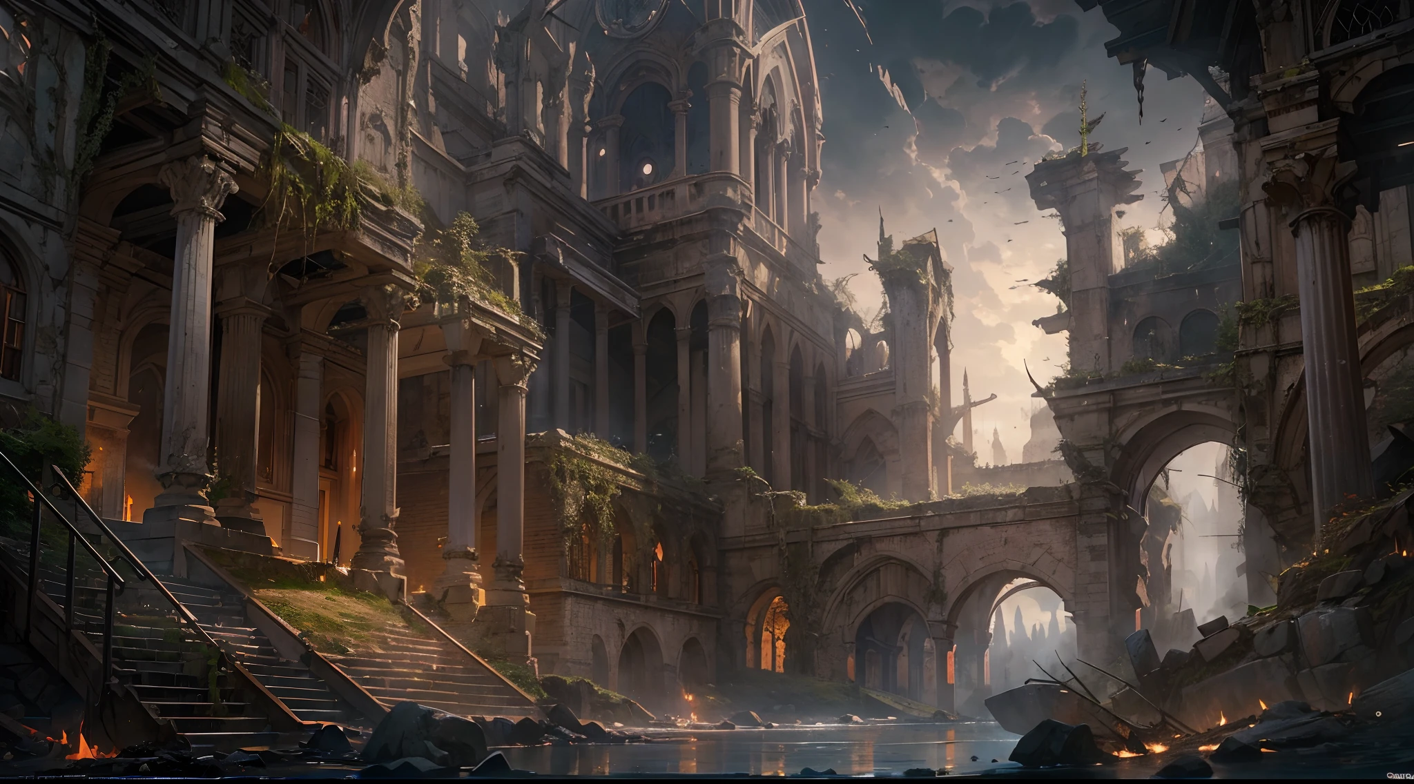 (by Greg Rutkowski: 1.2), (masterpiece), (best quality), extremely delicate and beautiful, illustration, (fantasy landscape), A mesmerizing fantasy landscape with enchanting elements blending seamlessly. (majestic ruin of Hall of Heroes, dark atmosphere), Providing a distant view that captures the grandeur and atmosphere. From Brian Froud and Carne Griffiths and Wadim Kashin and John William Waterhouse, 8K post-production, high resolution, hiper detailed, depth of field, HDR, intricate
