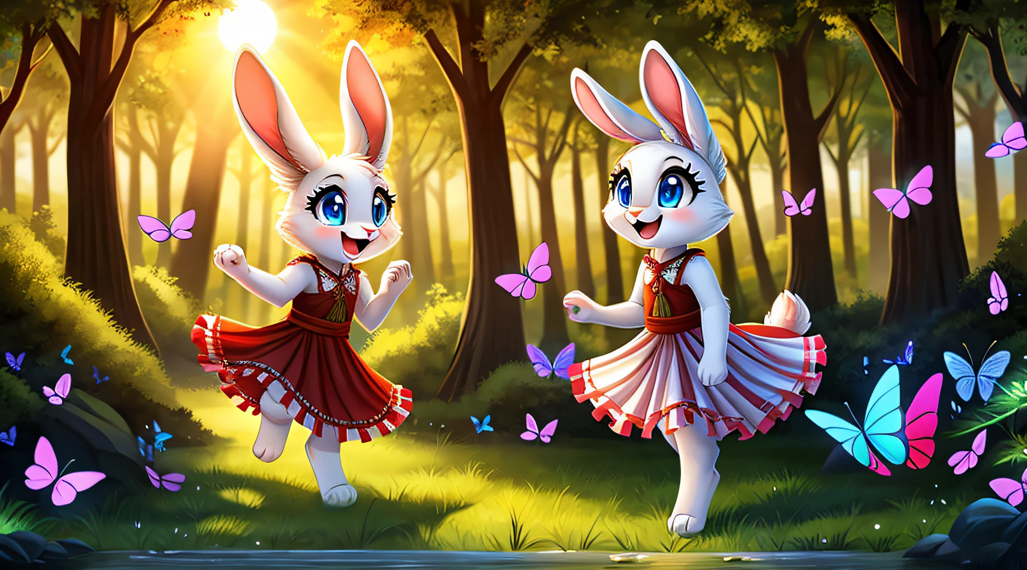 zoomed out image, fantasy style art, cute, adorable, small and tiny little fluffy female white bunny with blue eyes, big floppy ears, long ears, long eyelashes, wearing a long red frilly ribbon dress, raising one hand, smiling in a forest, next to a creek, big expressive smile, open mouth, wide eyes, excited eyes, excited face, stunning visuals, sun coming through the trees, colorful butterflies, digital illustration