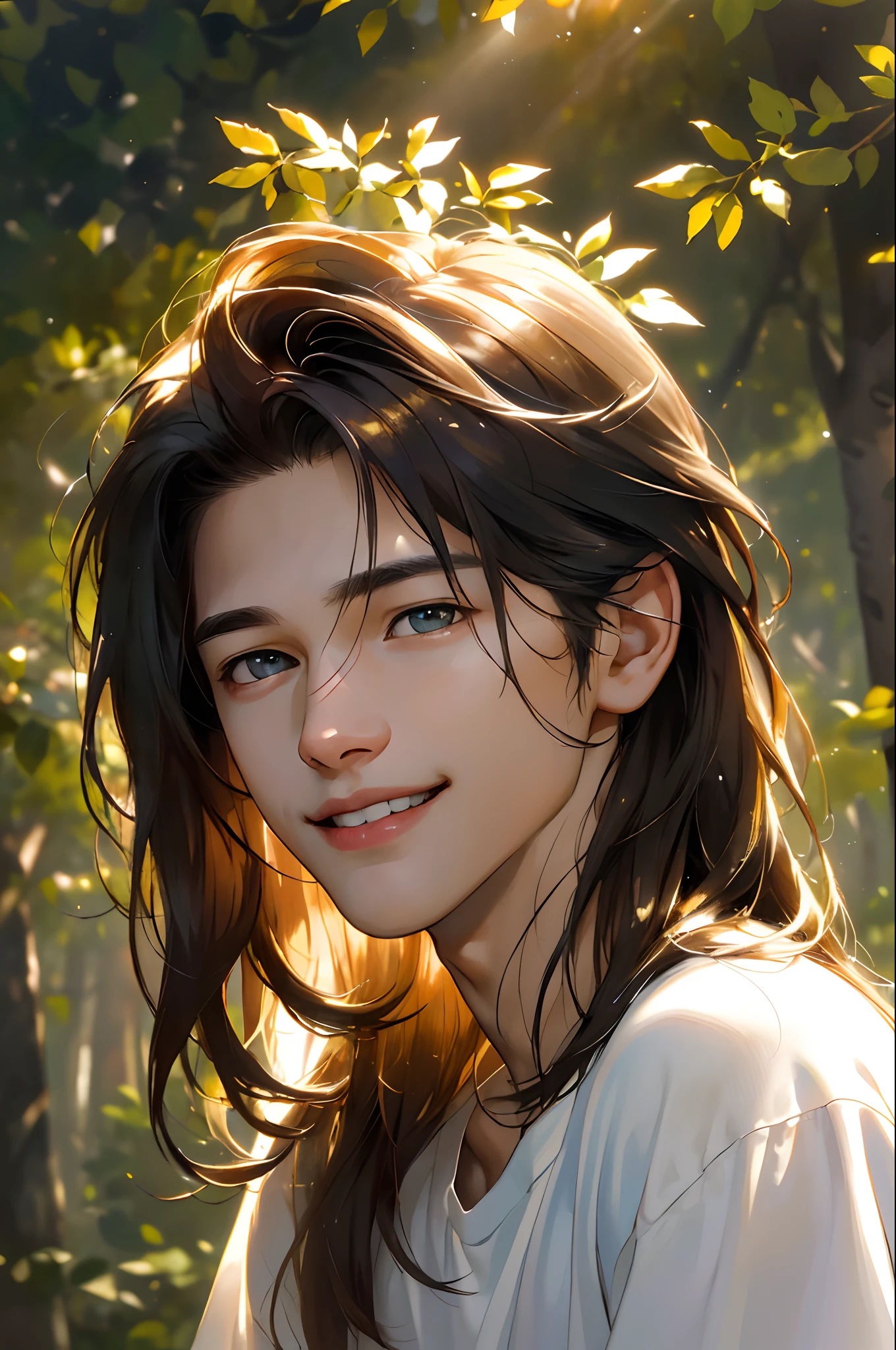 (masterpiece, best quality, high resolution:1.4), 1boy, playful, gentle, lively, skin pores texture, HD , Photography, movie, cinematic, portrait, Realistic, (8k, RAW photo, best quality, masterpiece:1.2), (realistic, photo-realistic:1.33), best quality, (detailed amber color eyes), ((white shirt)), (dark hair),(long hair),(Hair long enough to touch the shoulders), (14 years old), ((white shirt)), (handsome), (young), portrait, smile, (background: sunny forest ), bust up, detailed and realistic portrait of a boy, (fragile), (golden hour light),(slender), (playful) , (playful smile), (agile), colorful, happy,
