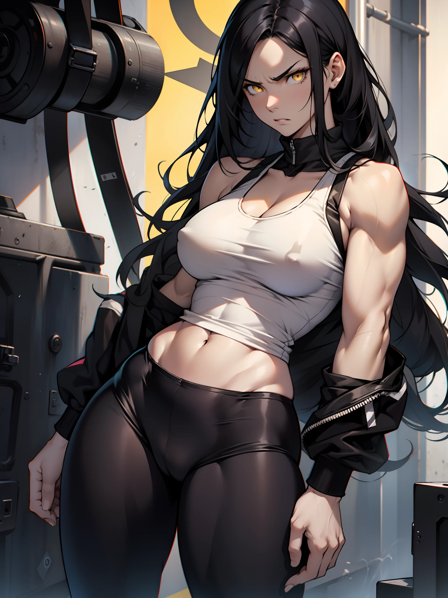 black hair, extremely long hair, yellow eyes, pale skin, muscular, large breasts, thick thighs, angry, leggings, tank top, tall, 1 girl