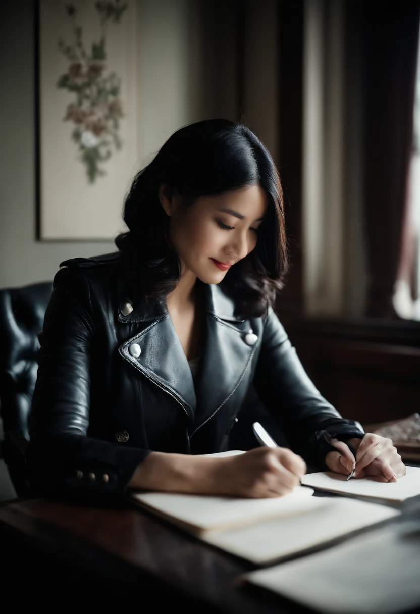 Wearing black leather gloves in both hands, upper body, black leather rider's jacket, facing the desk in the study, looking down and smiling, writing a letter using a fountain pen, black hair long straight, young Japanese woman (black leather gloves cover both hands)