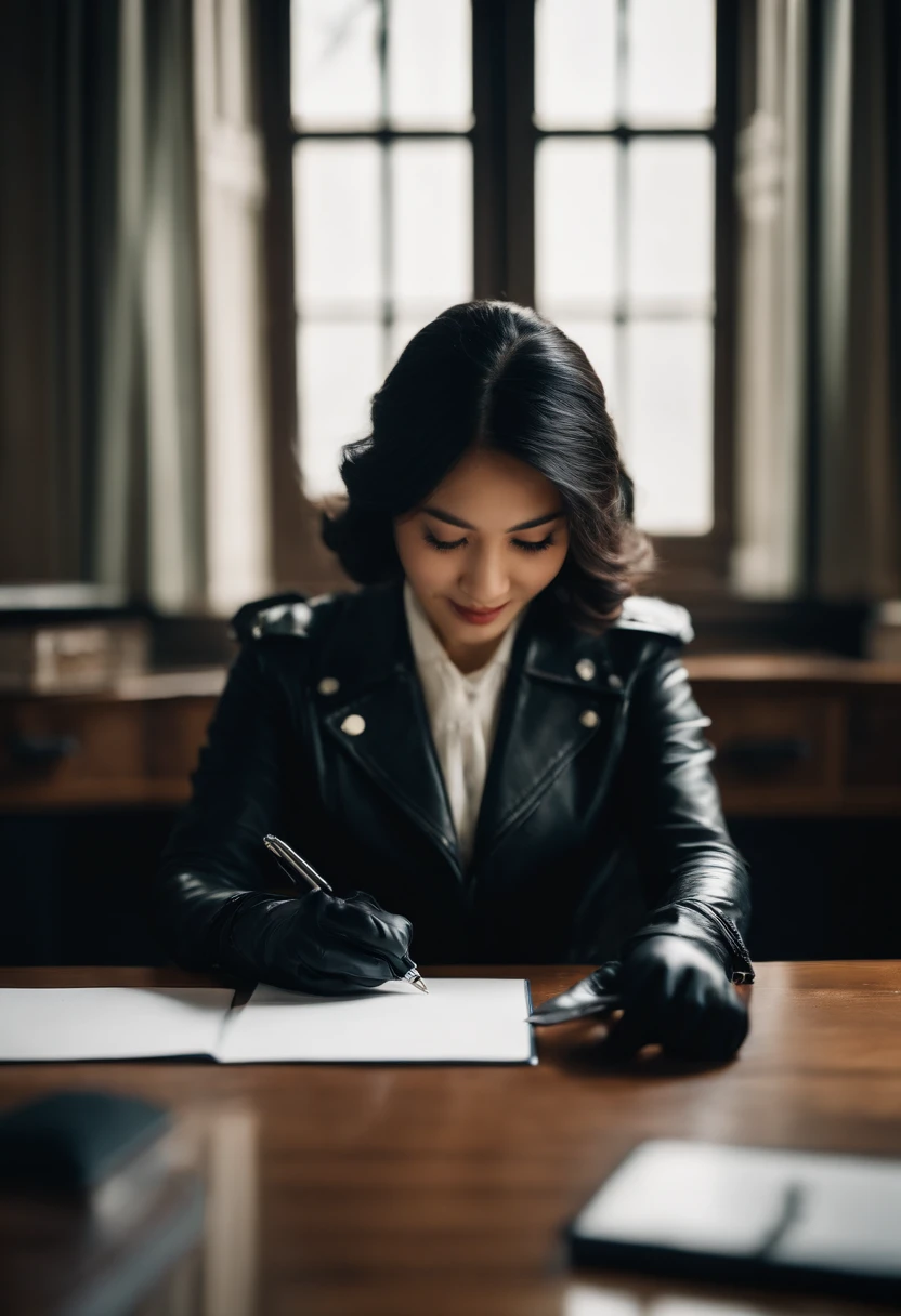 Wearing black leather gloves in both hands, upper body, black leather rider's jacket, facing the desk in the study, looking down and smiling, writing a letter using a fountain pen, black hair long straight, young Japanese woman (black leather gloves cover both hands)