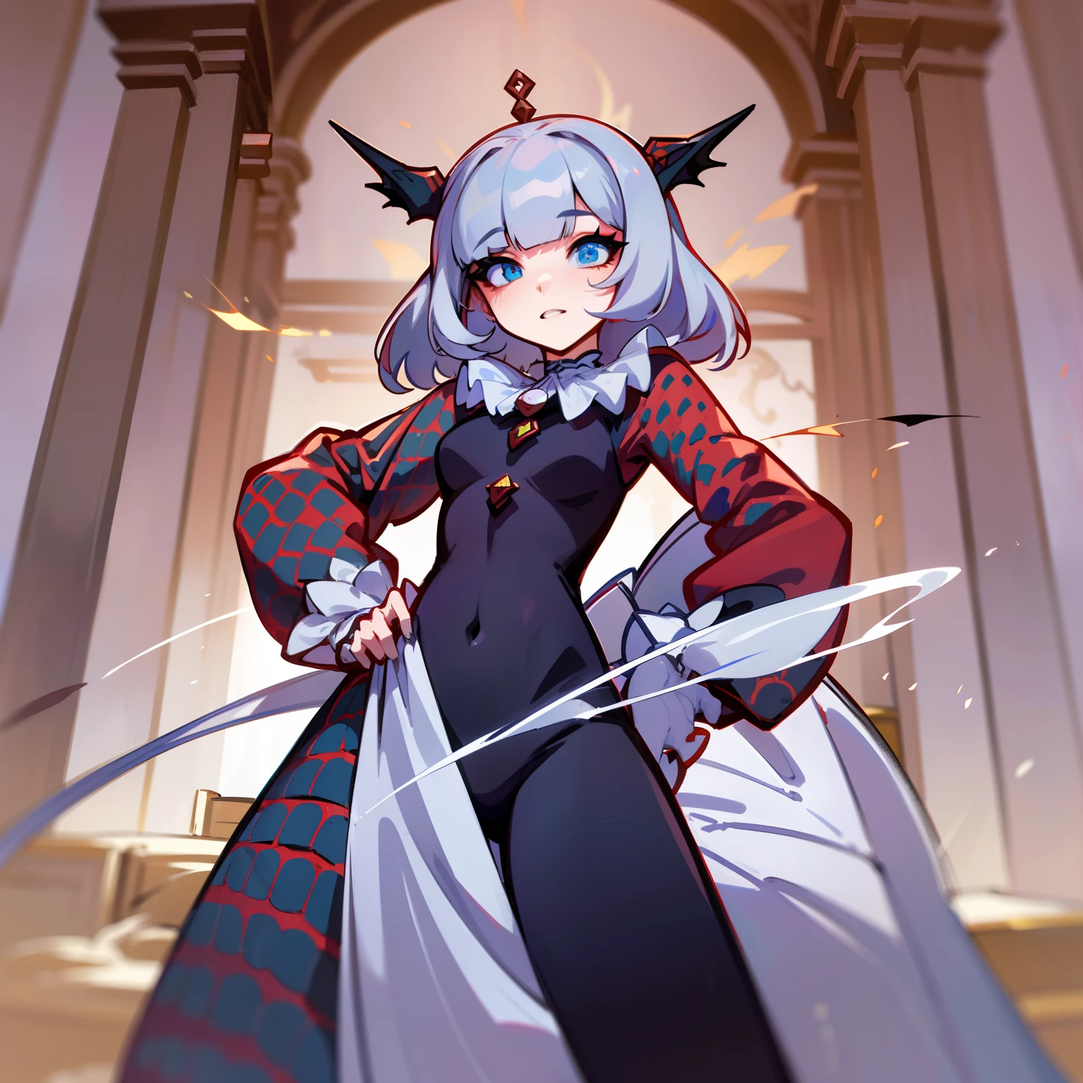 (melhor qualidade: 1.0), (super high res: 1.0), personagem extremamente detalhado, detailed hands, Half-dragon girl, chifres, scales on the neck, escamas nos ombros, scales on the forearm, escamas na bochecha, Girl with dragon tail, dragon tailed, Cabelo extremamente detalhado, cabelo curto, ((Cabelo branco)),((mechas pretas)), olhos extremamente detalhados, olho com cores diferentes, Heterocromia, olho direito branco, olho esquerdo preto, dragon eyes, 2D, Arte de Anime, ((barnet)), ((corpo inteiro)), standing on her feet, medieval, RPG, pequena, Fofa, orelhas de elfo