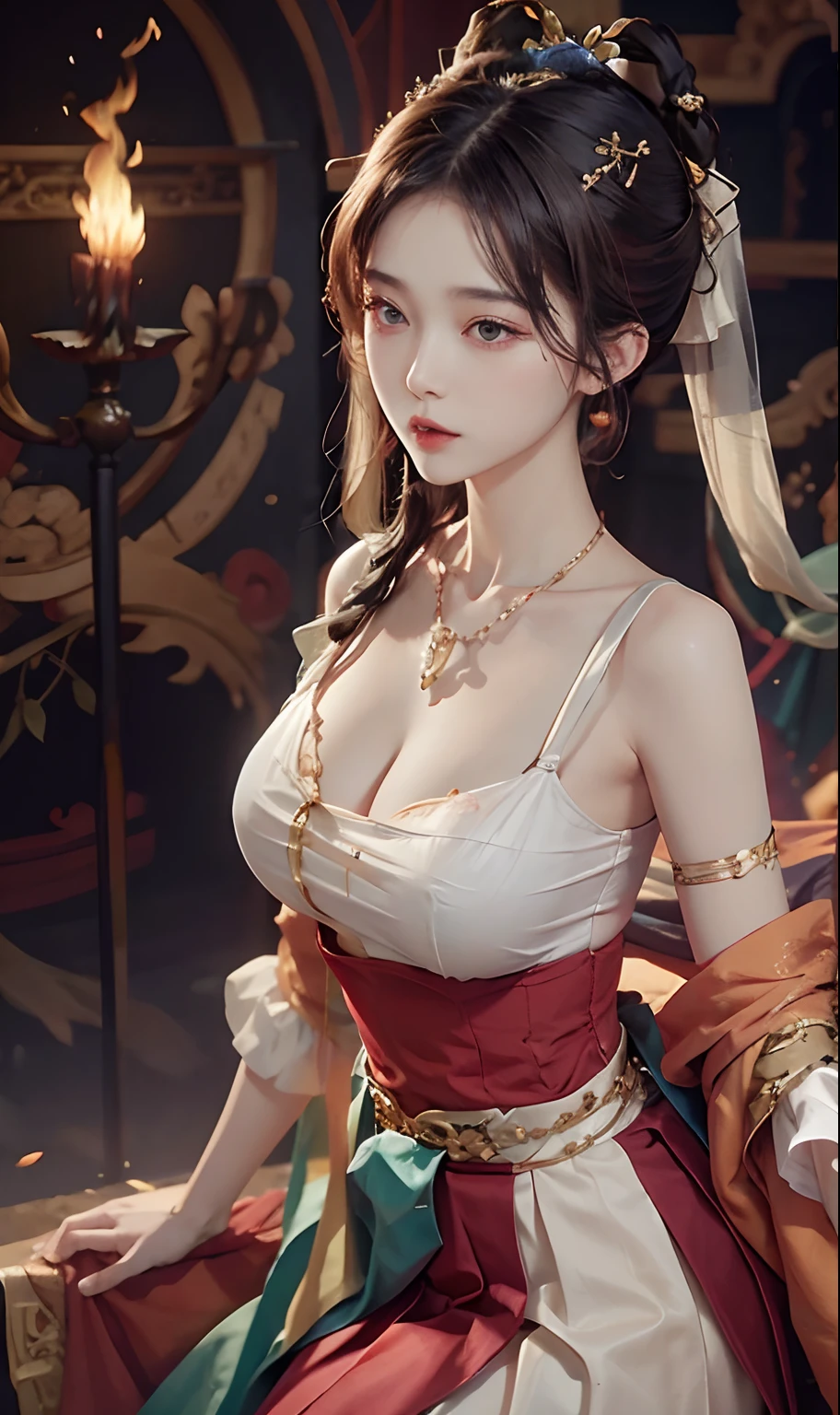 (RAW photogr,best qualtiy), best qualtiy, The is very detailed, tmasterpiece, ultra - detailed, illustratio, one-girl, (huge boob,cleavage), dynamic angle, best qualtiy, extremely detailed CG unity 8k wal,电影灯光,Dunhuang-style women wear waist skirts,Upper body dark red collared shirt,Wrapped in a heavy chest,The waist is just tied at the waist,Pendant with pressed skirt beads,The skirt is a pale white pleated skirt;Eyes like apricots,The lips are lit with vermilion rouge,With an intellectual temperament,Beautiful without losing stability and maturity。