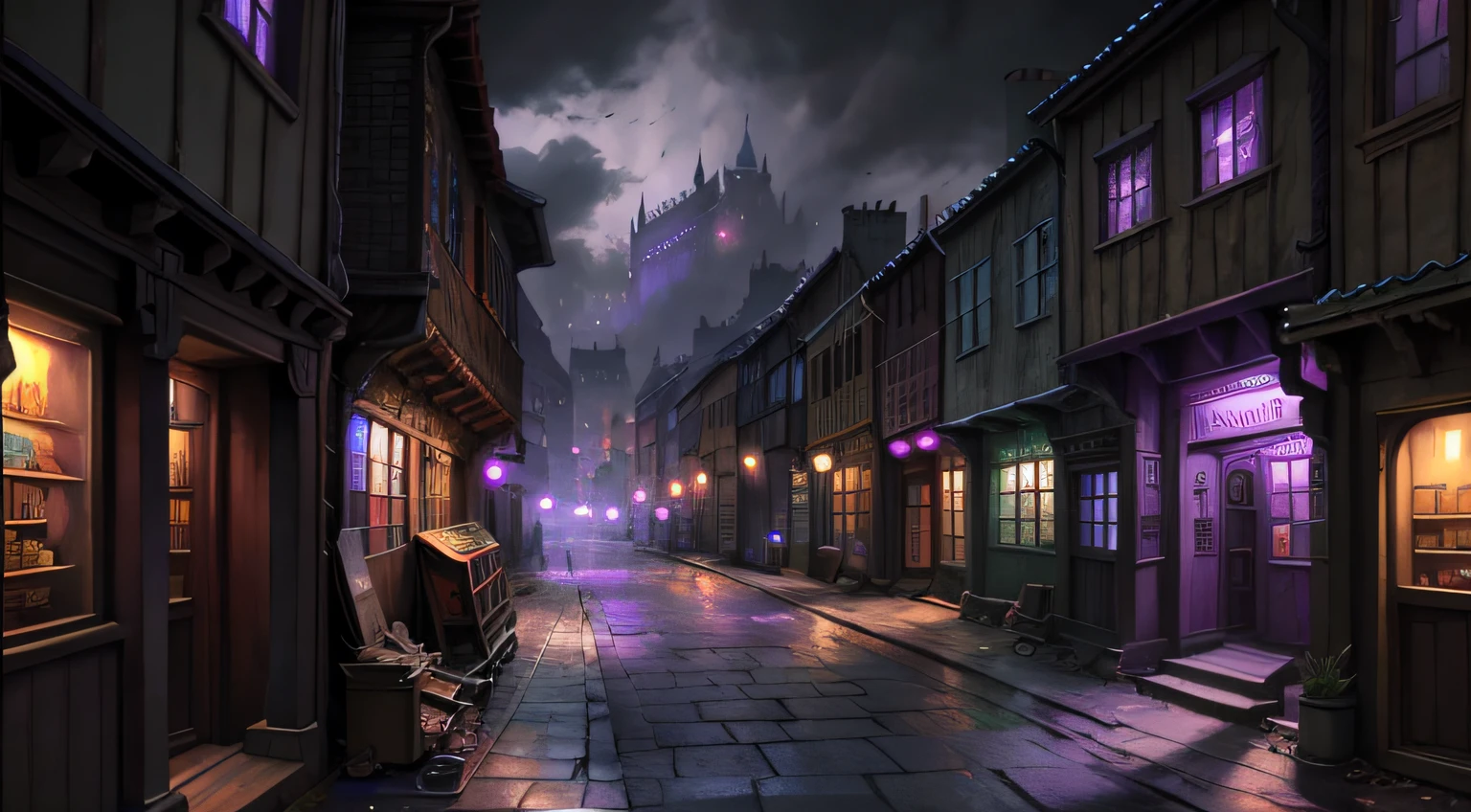 dnd best quality masterpiece atmospheric digital painting artwork 4k 8k highly detailed dull poor (nasty winding medieval city street:1.2) shops poverty, sad, destroyed houses (dull night:1.1) particles grey purple sky mat painting, key visual anime background screencap (Style-Renaissance:0.7) (Style-Empire:0.4)