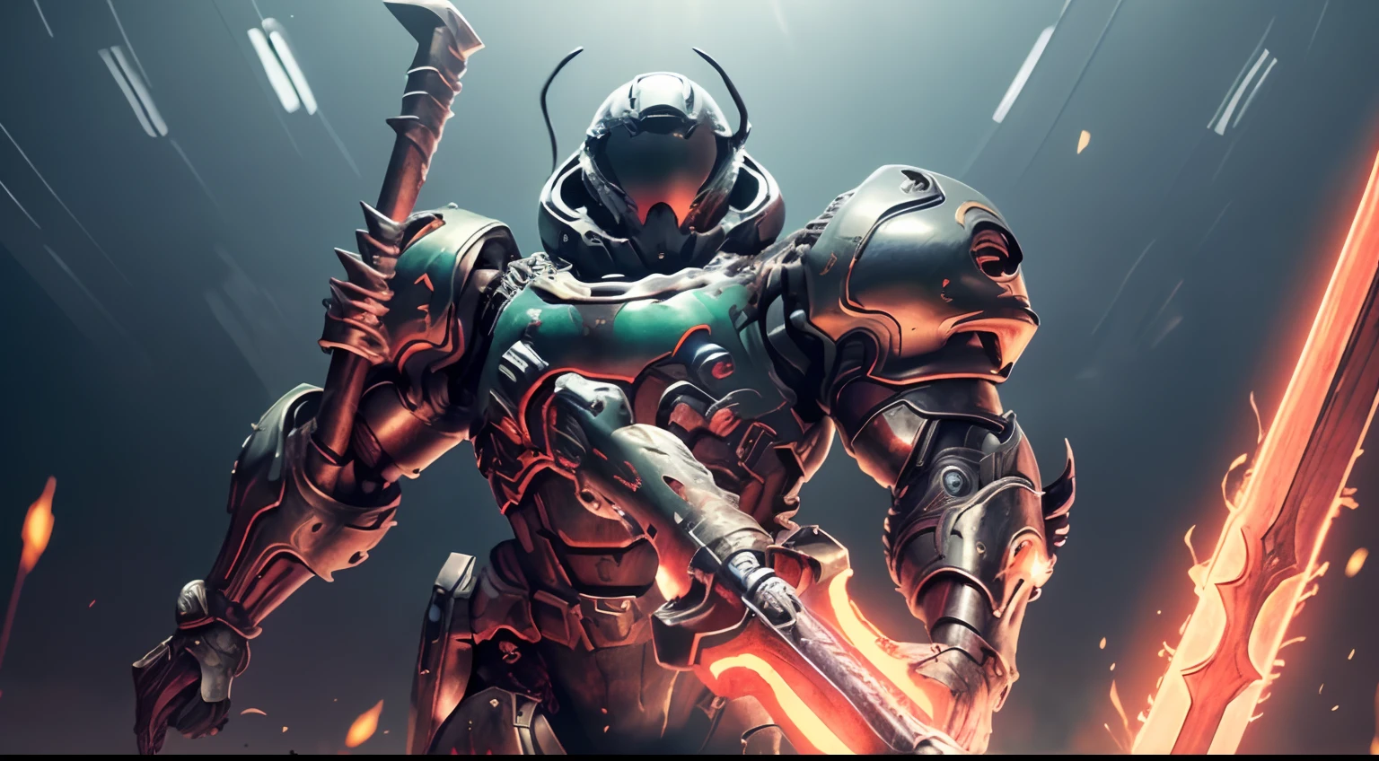 um homem, V-shaped mechanical helmet, olhos de capacete com luz vermelha, vestindo um terno mech Doom Slayer sexy preto, holding  one axe larga amarela brilhante com efeito de luz vermelha,chamas, Killing a demon monster. A place in hell destroyed in the apocalypse, realista, melhor qualidade de imagem, highest definition and clarity, Original, High detail, Action painting, , Cinematic lighting, ray tracing, luz refletida, cowboy shot, Close-up, desenho de postura de batalha, Camadas, luz suave,