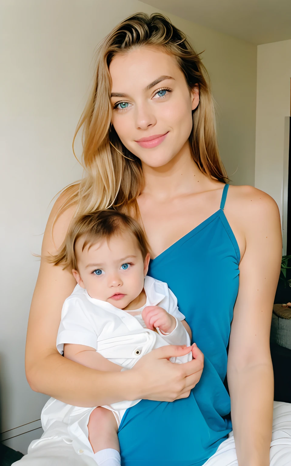 Kodak disposable camera photo of a beautiful female, sorrindo,  Blonde and blue eyes holding a baby