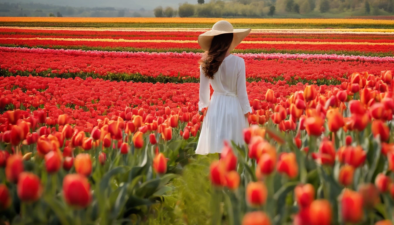 There is a beautiful Chinese woman standing in a field of tulips with a sun hat and wearing a white halter dress, longos cabelos castanhos ondulados, wearing sunglasses, alto e magro, Beautiful, sorriso sutil, Standing in the field of tulips, standing in a flower field, Woman standing in tulip field, girl standing in a flower field, standing in a field with flowers, em um campo de flores, com campos de flores em primeiro plano, em um campo de flores, campos de flores, girl standing in flower field