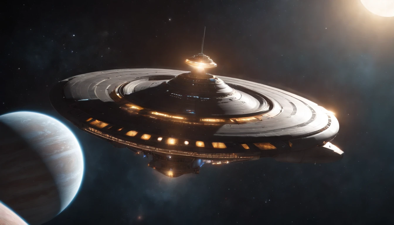 A massive spaceship the size of a city flying through another solar system