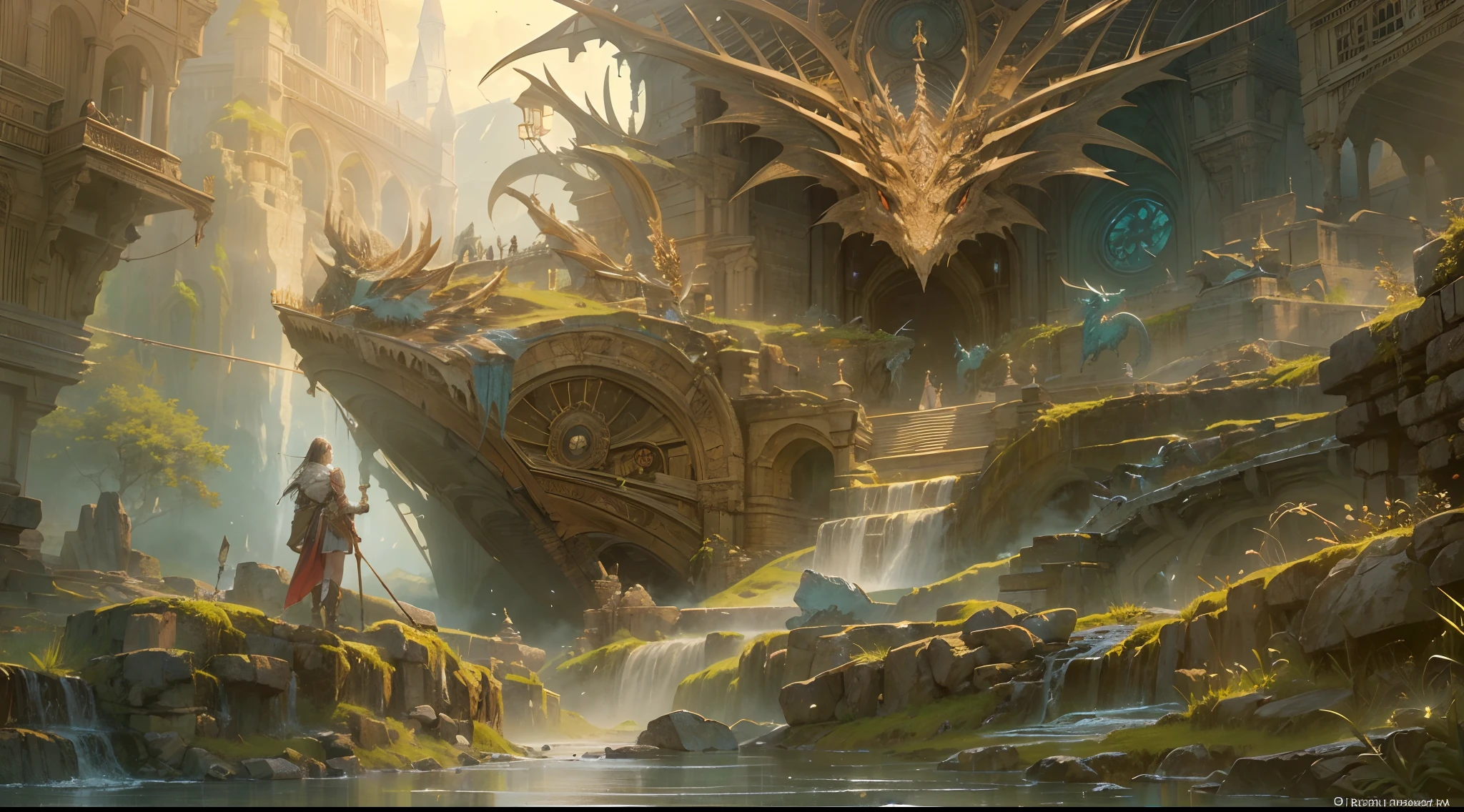 (by Greg Rutkowski: 1.2), (masterpiece), (best quality), extremely delicate and beautiful, illustration, (fantasy landscape), A mesmerizing fantasy landscape with enchanting elements blending seamlessly. (fantasy realm of dragons), Providing a distant view that captures the grandeur and atmosphere. From Brian Froud and Carne Griffiths and Wadim Kashin and John William Waterhouse, 8K post-production, high resolution, hiper detailed, depth of field, HDR, intricate