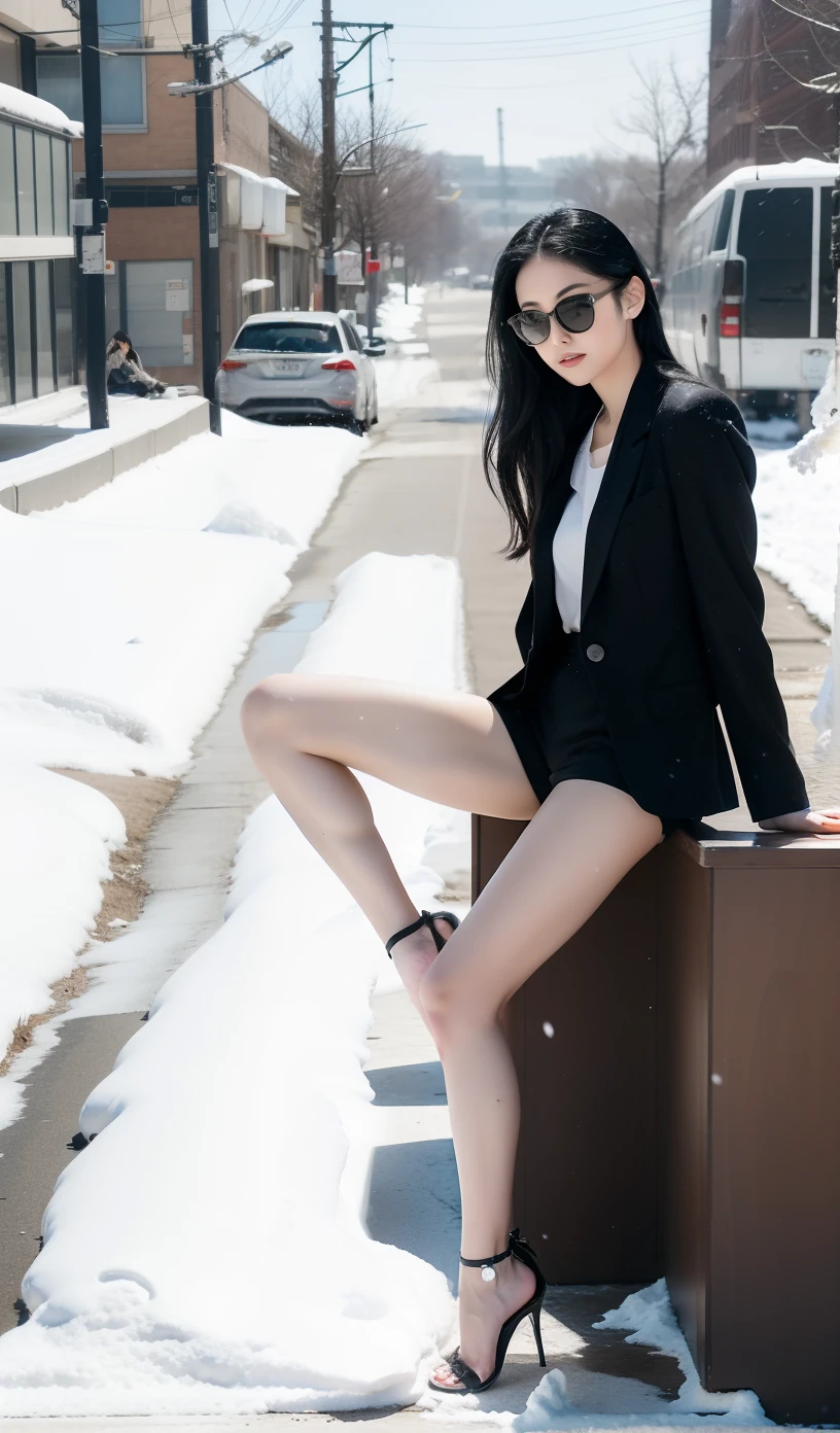 A Japanese Lady、beauitful face、Long Black Hair、Black sunglasses、black suits、Black Micro Shorts、beauty legs、Raw feet、tall、long legged、pin heels、sit a chair、Oyuki、snow blowing、snow cover、blizzard、Hair disheveled by the wind