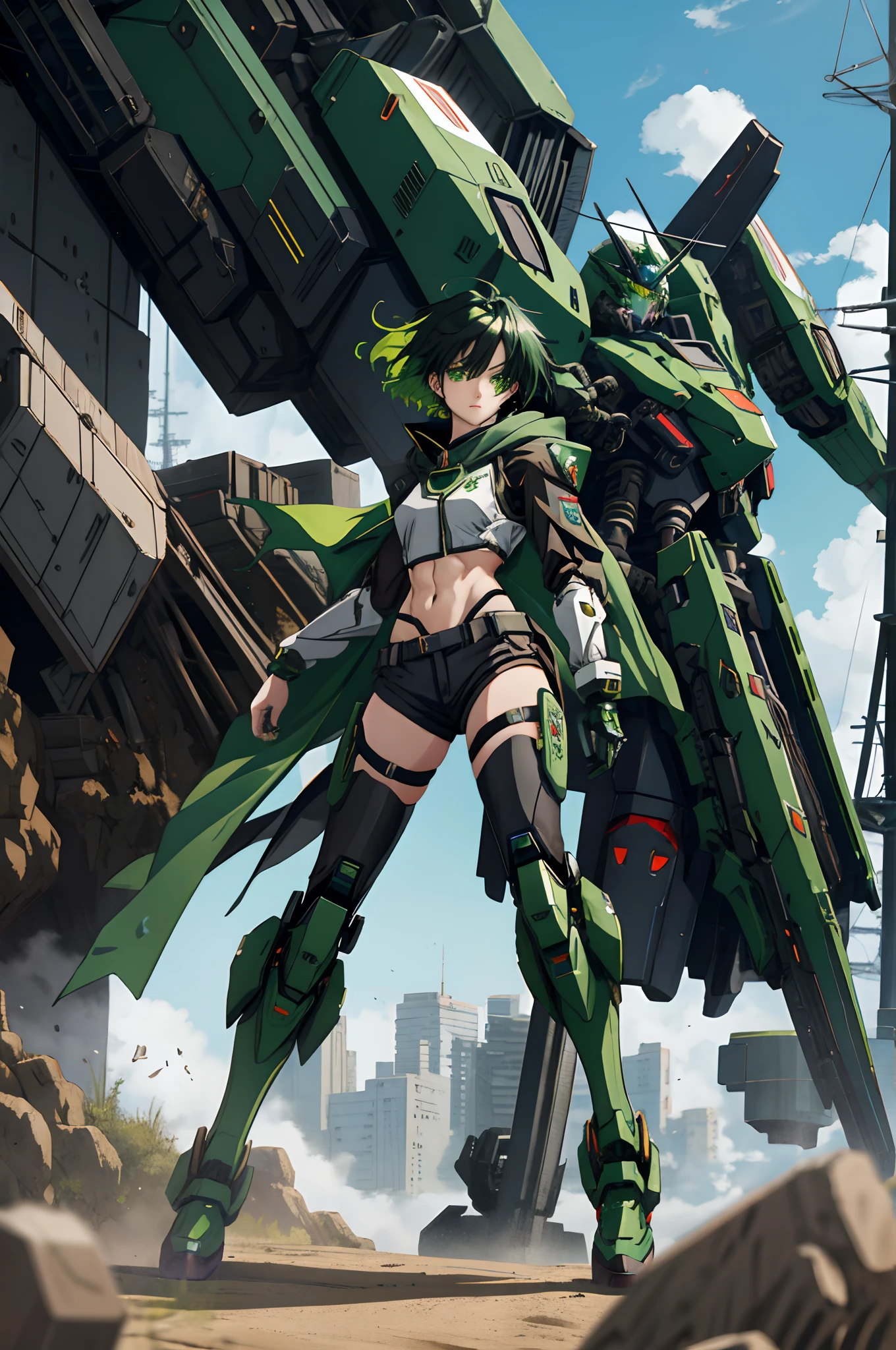 Anime girl sitting on the ground,Black cape and green hair, rogue anime girl, the anime girl is crouching, Wearing a cloak on the blasted plain, asuka suit under clothes!, holy cyborg necromancer girl, badass posture, mechanic punk outfit, anime styled 3d, render of a cute 3d anime girl, gapmoe yandere grimdark, Female character,musculature,Abs,Glowing green eyes,Black hair with green gradient,short detailed hair,Bunched hair,Dull hair,(1.5)Tomboyish,Be red in the face,looking at viewert,There was a mech next to her,One-eyed mech,The mech extends its shield to protect her,Round shield,Humanoid mech,Elaborate Eyes,The left leg is mechanical,Combat posture,Green bandeau,Black hot pants,Tall girls,By mecha,Mermaid line