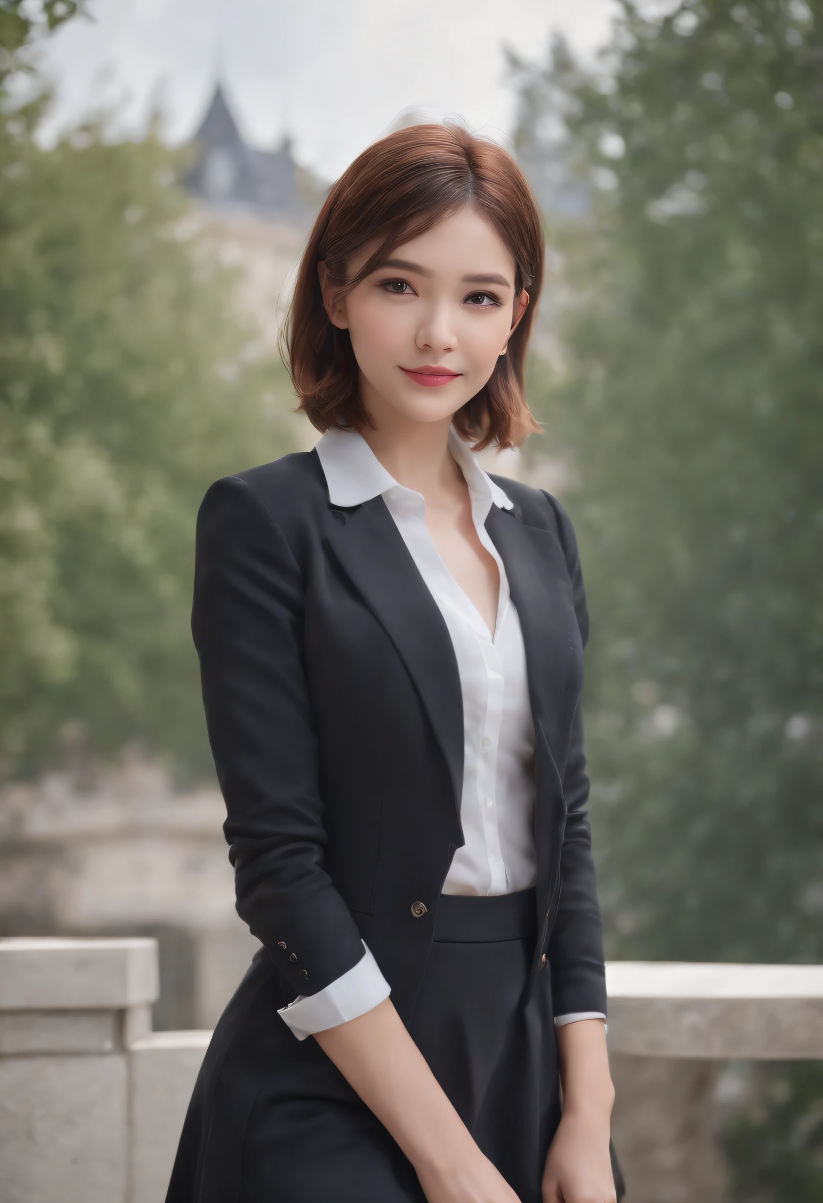 (8k, Best Quality, Masterpiece:1.2), (Realistic, Photorealistic:1.37), Ultra Detail, 1 Girl, Full Body, Outdoor, (Adjusted Hair:1.5) Office Lady, Black Office Blazer, Office Skirt, (pantyhose: 1.2), (short button-down shirt: 1.2), button-up collar prim, button-down collar prim, bra, (pantyhose: 1.2), alpha layer, high heels, beautiful earrings, cute, solo, beautiful detailed sky, (smile: 1.15), (closed mouth), small breasts, beautiful detailed eyes, business attire, (short hair: 1.2), floating hair NovaFrogStyle,