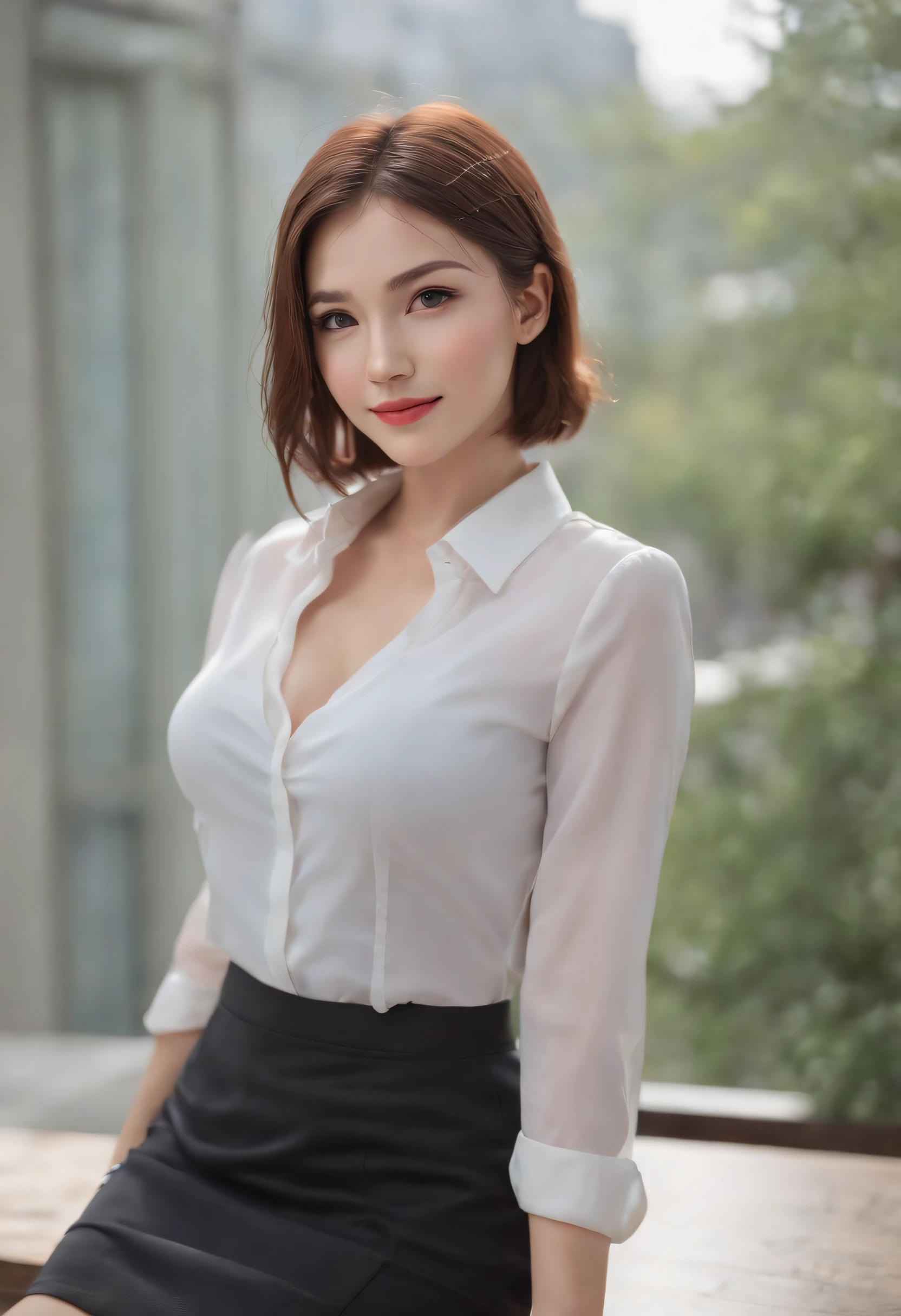 (1woman), Beautiful, Amazing face and eyes, makeup, (extremely detailed beautiful face), seducting smile, (Best Quality:1.4), (Ultra-detailed), (extremely detailed CG unified 8k wallpaper), Highly detailed, raw photos, Professional Photography, (Business Suit, Mini skirt:1.2), (Business shirt with wide open chest), (Spread legs), (view from below:1.2)