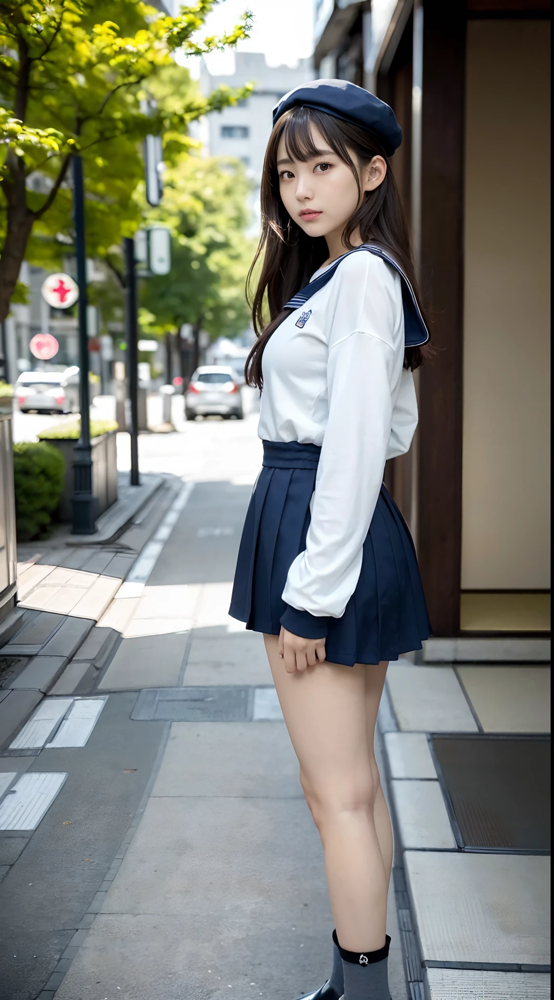 mix4, (16 K, Raw photography, Top image quality, ​masterpiece: 1.45), (realisitic, Photorealsitic: 1.37), one girls, 7．5, etc、Standing figure，Noon time slot、cute little, A city scape,, profetional lighting, photon maping, Cityscape with street trees, physically-based renderingt, Gradient dark brown hair,, a handsome, Well-groomed and beautiful eyes、Large double eyelids、Very shiny、girl with, (((student clothes、Long sleeve sailor suit worn by Japan schoolgirl、red cuffs、Dark blue mini skirt, Small gray beret、Dark blue knee-high socks、Black loafers))), Top Quality Photos, hight resolution, 1080p, (clearface), (Detailed face description), (Detailed hand description), (​masterpiece), (Exquisite CG)、extreme light and shadows、dishevled hair、master work、abundant detail、(Fine facial features)、(top quality photo)、(masuter piece)、(A detailed eye)、Look in front of you、Fine clavicle、((Slender big))、(((Japan schoolgirl in long-sleeved sailor suit)))、((Ready Idol System))、((Boulevard with street trees、Roads at the scramble intersection))、(Shooting from random perspectives)、(((Anyway cute)))、耳Nipple Ring、A big smile、Drawing the whole body from the knees、Do not draw nasolabial folds、(((Long-sleeved sailor suit)))、(Big breasts that hang down big:1.2)、Big buttocks with tension、Two arms and two legs、(((from the front side:0.5)))、bare hand、No mask