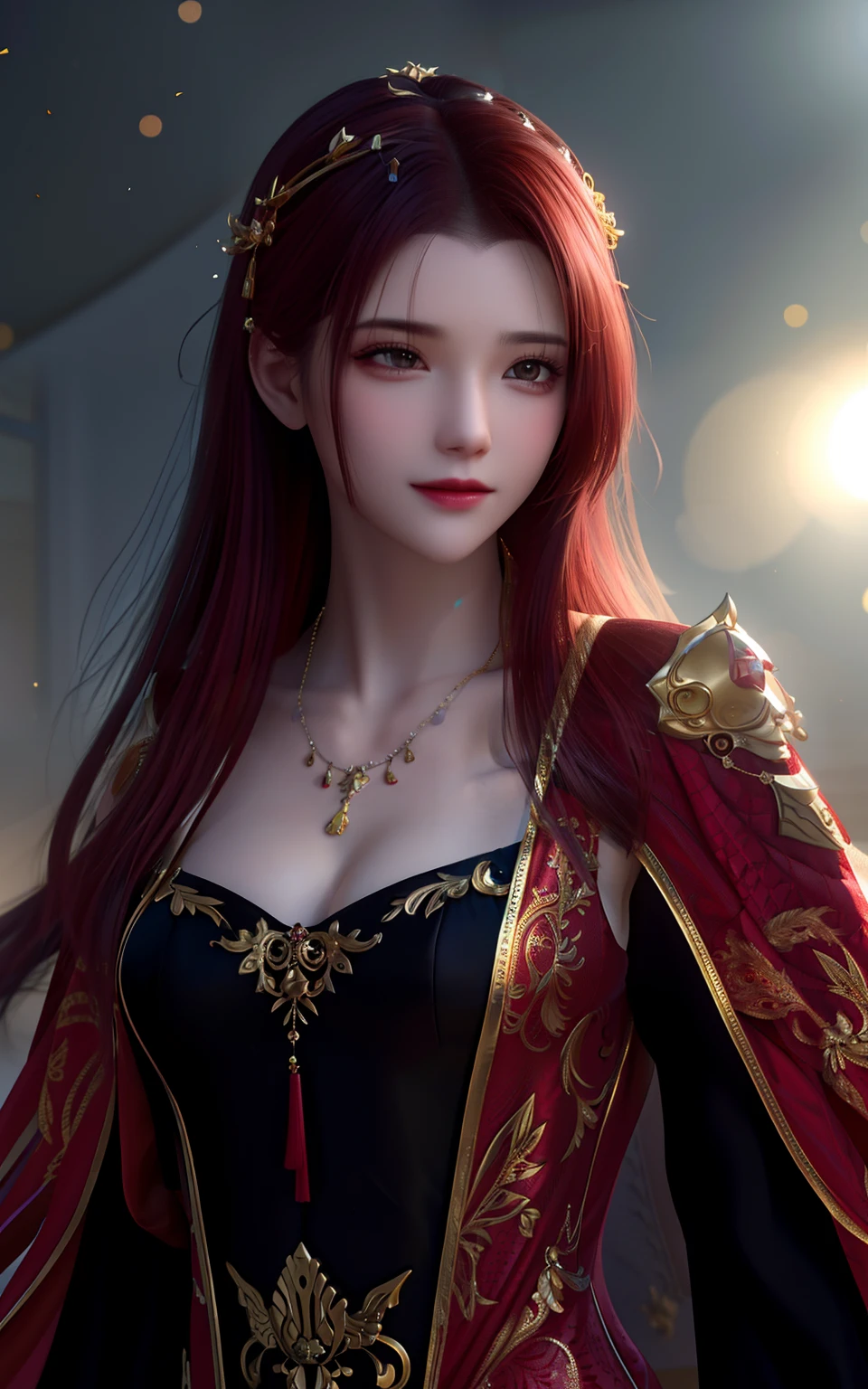 The empress, gold, full body, tarot card, best quality, masterpiece, highres, 1girl,china dress,red hair, hair ornament,necklace, jewelry,Beautiful face,upon_body, tyndall effect,photorealistic, dark studio, rim lighting, two tone lighting,(high detailed skin:1.2), 8k uhd, dslr, soft lighting, high quality, volumetric lighting, candid, Photograph, high resolution, 4k, 8k, Bokeh