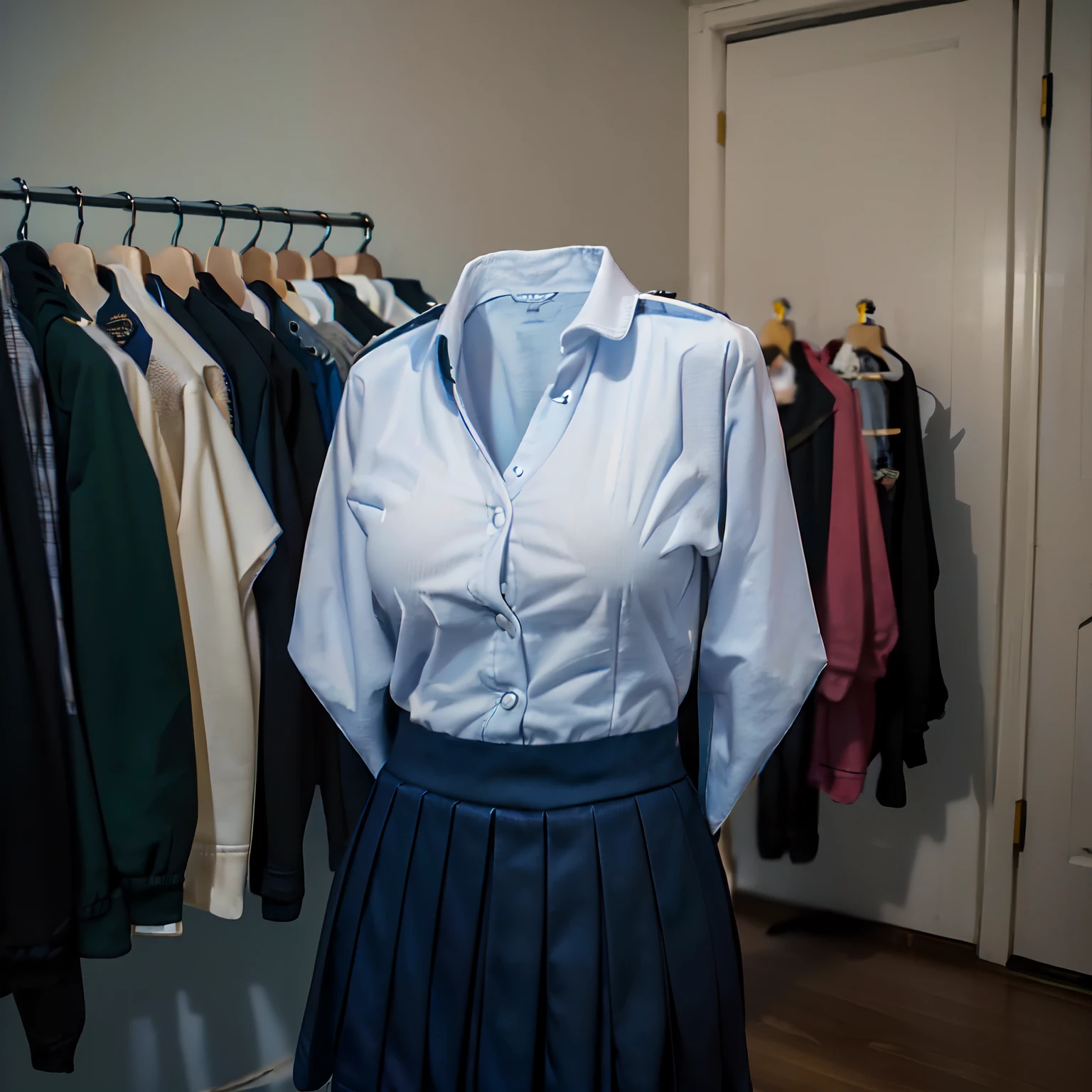 (School uniform hanging in a closet), ((Invisible, No Man:1.5, Headless:1.5, No Hand, Legless)), big breast, (Superskirt), On hangers,
(8K, yes, RAW photo, Best quality, Masterpiece:1.2), (Realistic, photo-realistic:1.37),photon maping, Radio City, ((Hasselblad photograp)),Physically-based rendering, (hyper realisitc), (8K), (Extremely detailed), (Best Illustration), (Best quality), (Ultra-detailed)