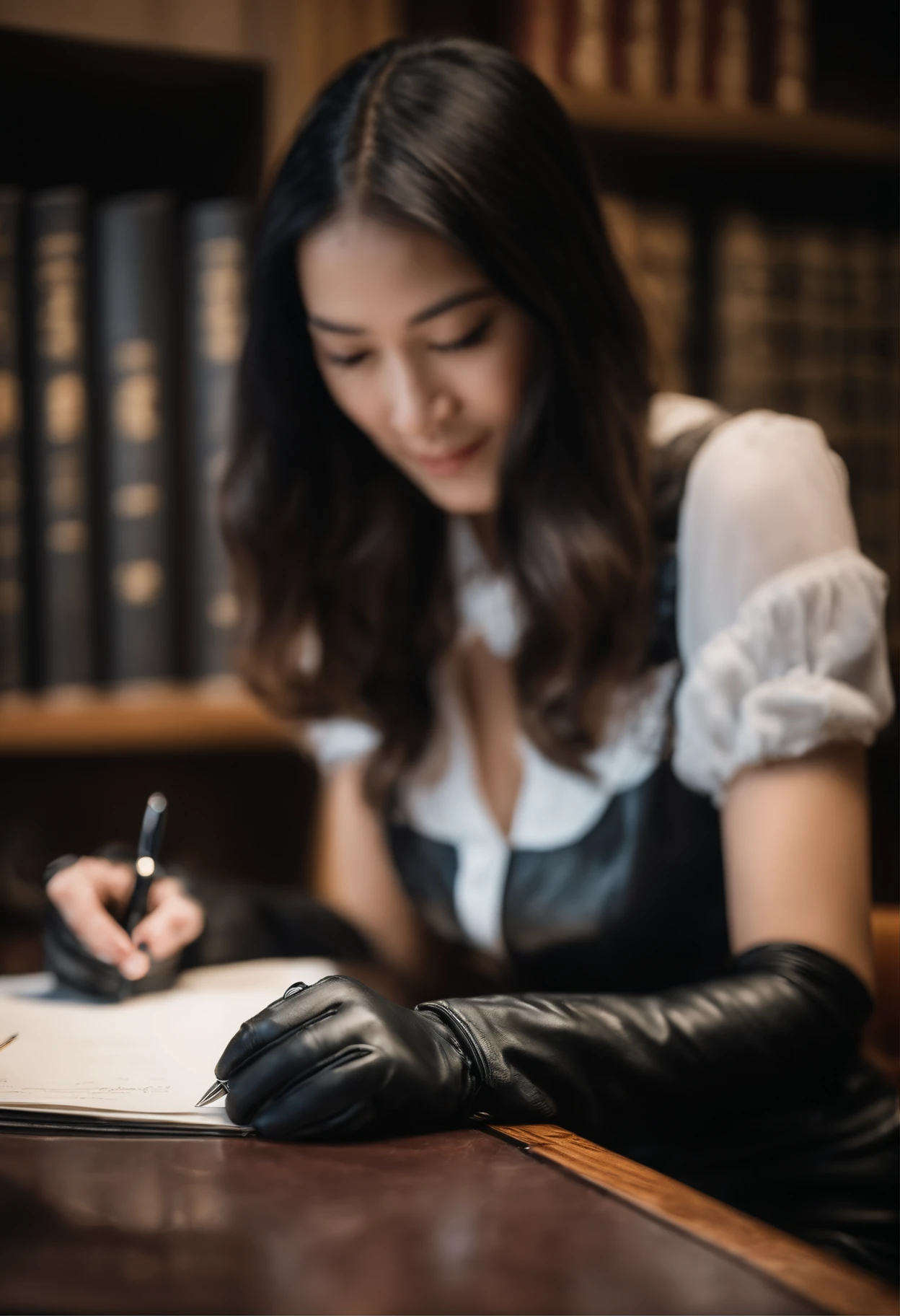 Wearing black leather gloves in both hands, upper body, black leather rider's jacket, facing the desk in the study, looking down and smiling, writing a letter using a fountain pen, black hair long straight, young Japanese woman (black leather gloves cover both hands)