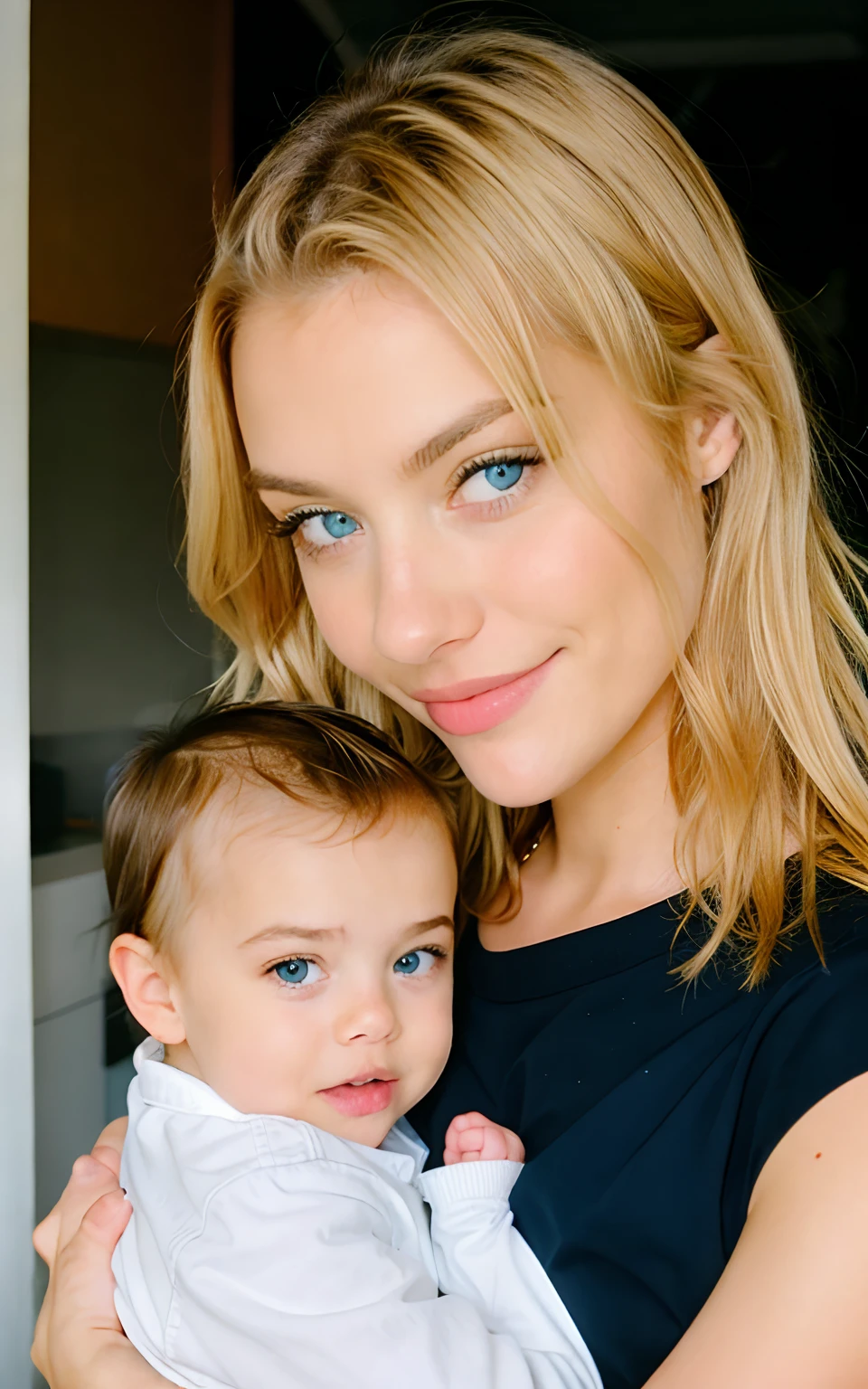 Kodak disposable camera photo of a beautiful female, sorrindo,  Blonde and blue eyes holding a baby