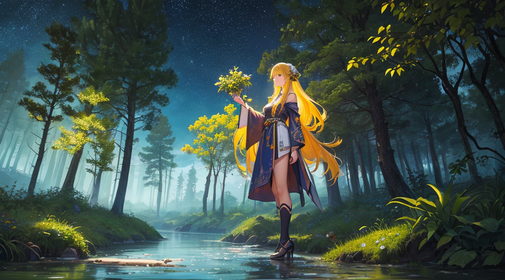 solo, Qianyue Xue, full body, yellow hair, (masterpiece, topquality, bestquality, oficialart, beautifulandesthetic:1.2), (1girl:1.3), long hair, extremely detailed, colored, highdetailed, (watercolourpainting: 1.3), optical mixing, playful patterns, vivid texture, rich colors, unique visual effect, Hyperrealistic, otherworldly scene illustration, full body ultrasky of a giant crystal tree, very detailed and magical lighting, intricate details of the forest, vegetation and river around, solarpunk, landscape, giant tree, beautiful leaves with beautiful lighting and realistic emotions, as if it was a cinematic background, 8k, maximum quality, masterpiece, clouds and stars in the sky. --auto