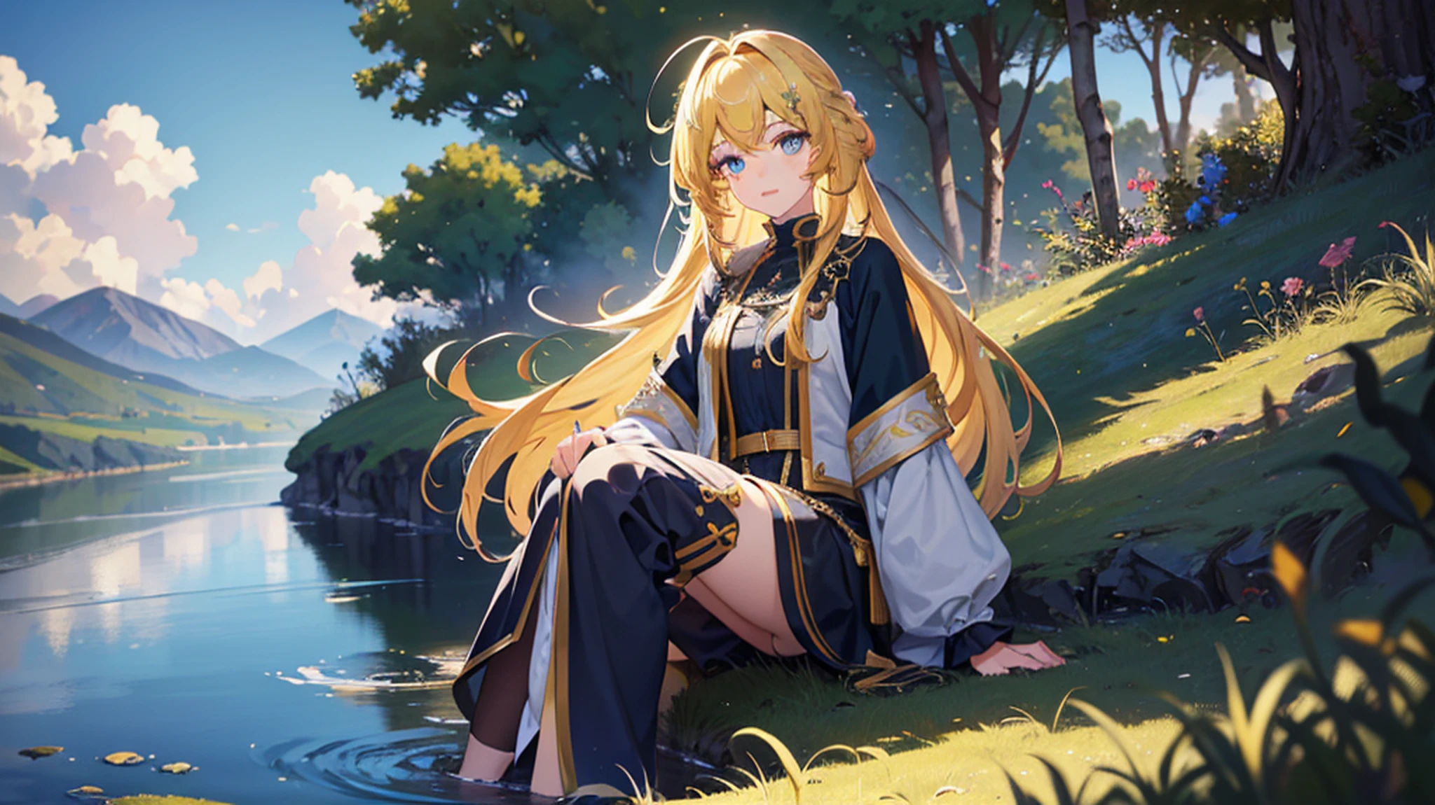 solo, Qianyue Xue, full body, yellow hair, (masterpiece, topquality, bestquality, oficialart, beautifulandesthetic:1.2), (1girl:1.3), long hair, extremely detailed, colored, highdetailed, (watercolourpainting: 1.3), optical mixing, playful patterns, vivid texture, rich colors, unique visual effect, Hyperrealistic, otherworldly scene illustration, full body ultrasky of a giant crystal tree, very detailed and magical lighting, intricate details of the forest, vegetation and river around, solarpunk, landscape, giant tree, beautiful leaves with beautiful lighting and realistic emotions, as if it was a cinematic background, 8k, maximum quality, masterpiece, clouds and stars in the sky. --auto