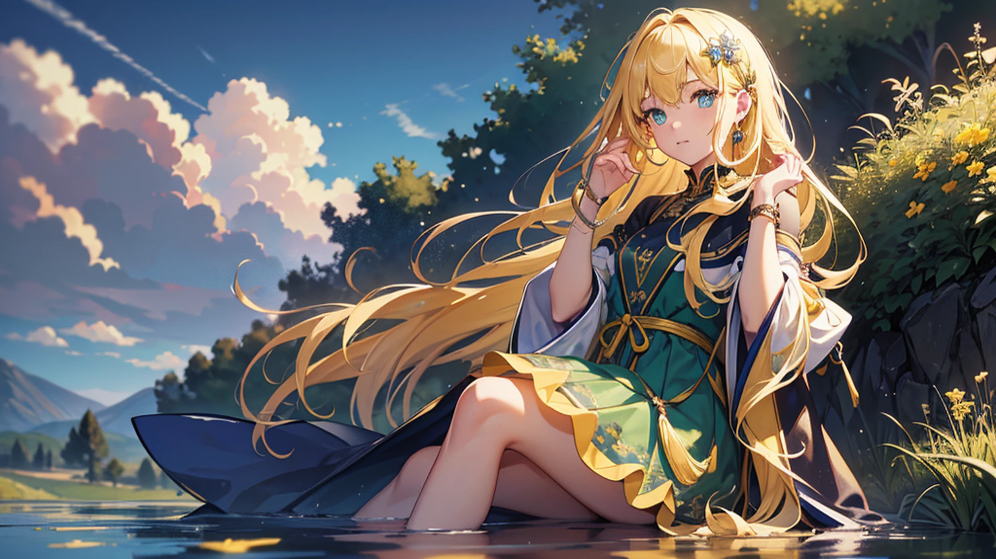 solo, Qianyue Xue, full body, yellow hair, (masterpiece, topquality, bestquality, oficialart, beautifulandesthetic:1.2), (1girl:1.3), long hair, extremely detailed, colored, highdetailed, (watercolourpainting: 1.3), optical mixing, playful patterns, vivid texture, rich colors, unique visual effect, Hyperrealistic, otherworldly scene illustration, full body ultrasky of a giant crystal tree, very detailed and magical lighting, intricate details of the forest, vegetation and river around, solarpunk, landscape, giant tree, beautiful leaves with beautiful lighting and realistic emotions, as if it was a cinematic background, 8k, maximum quality, masterpiece, clouds and stars in the sky. --auto