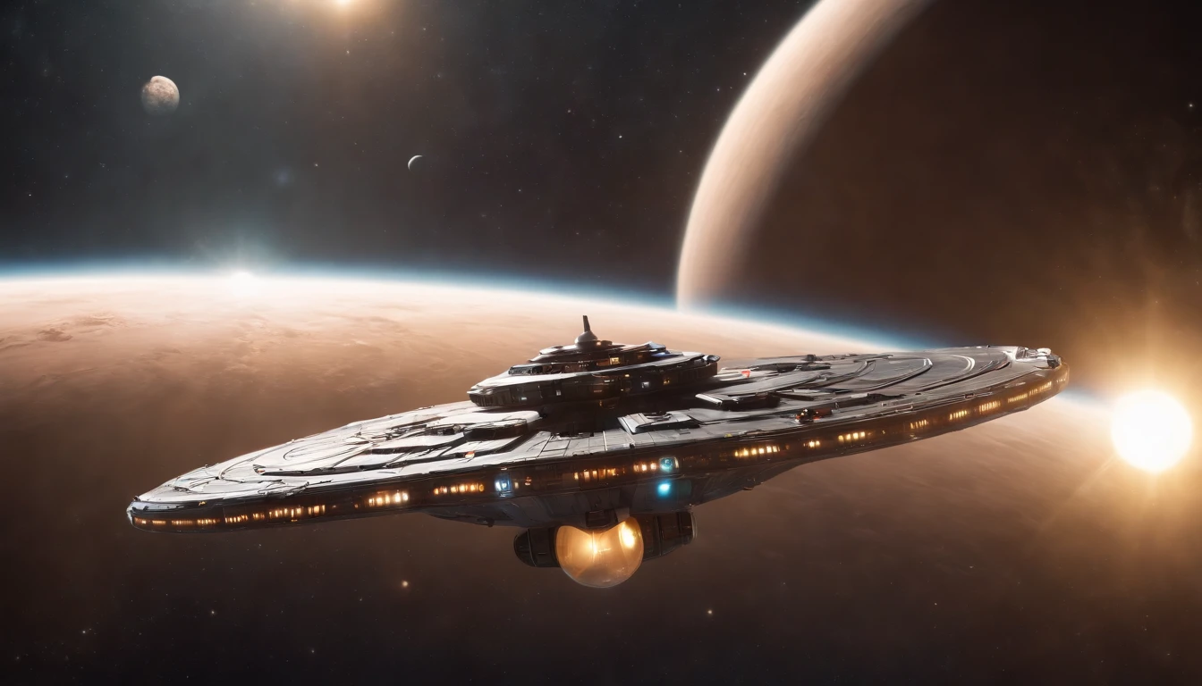 An intricate  spaceship the size of a city, looking like an Xwing flying through another solar system