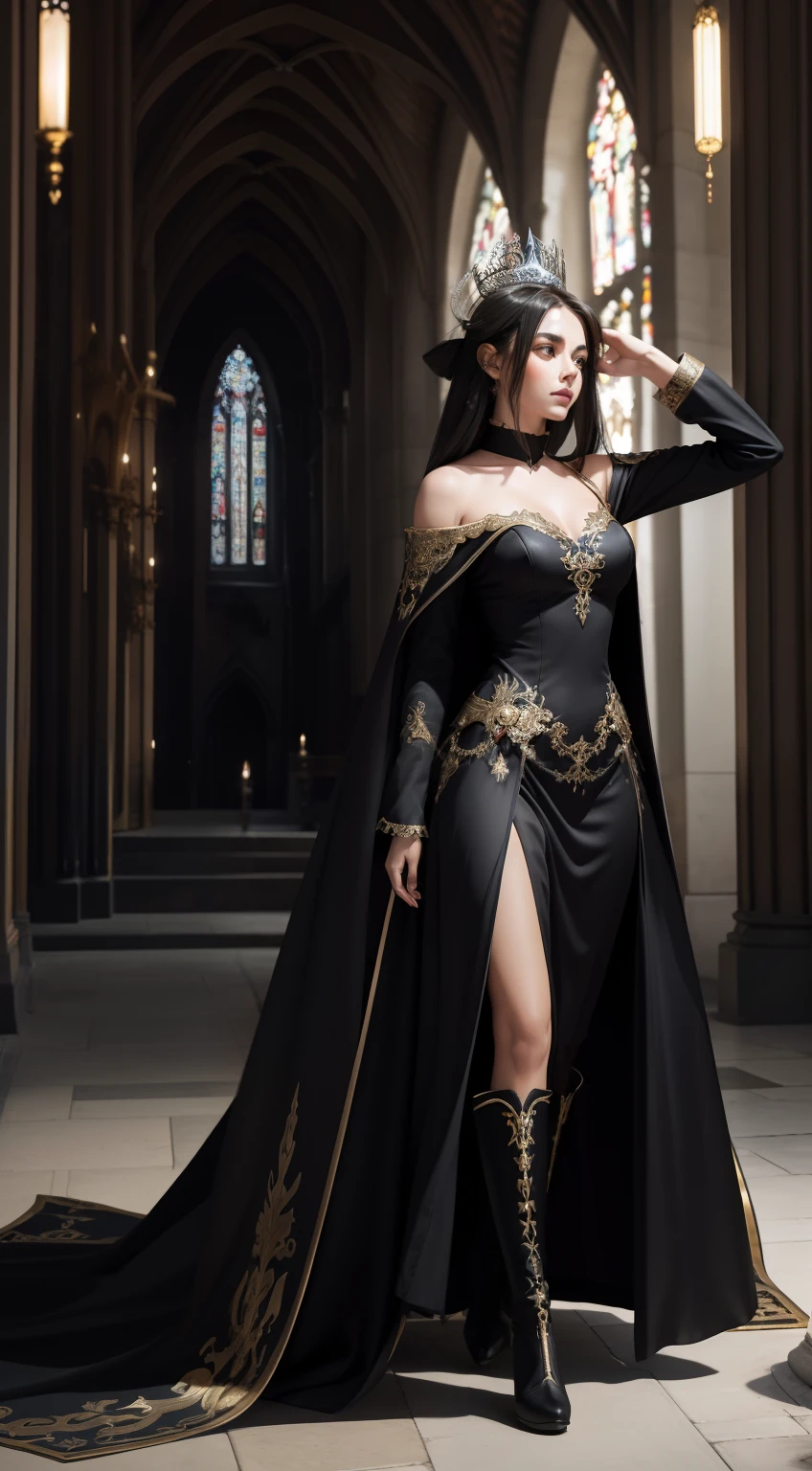 luz fraca, igreja velha, uma mulher vampiro, redlips, expor presa de vampiro, pupilas azuis brilhantes, magro, alto, cabelo encaracolado preto longo, capa preta longa, leotardy vermelho longa, saia-renda longa com diamante, pulseira de ouro, 8k, motor Unreal, altamente detalhado, full-body resolution, (Skindentation: 1.5), realista, realista, (obra-prima: 1.5), arte conceitual, detalhes intrincados, altamente detalhado, realista, octane rendering, 8K, motor irreal, dinamic pose, melhor qualidade, alta resolução, (rosto realista: 1.1), (hiper-realismo: 1.1) , ((full_body)), olhos perfeitos, (pele brilhante: 1.2), ((penteado))), ((perfect hands))), (fundo muito detalhado), ((dynamic background), ((1girl)), ((Olhos detalhados, Olhos de alta qualidade, Rosto de alta qualidade)), magia, (dramatic), epic, profundidade de campo, bokeh, 4k, gotica, particules --auto