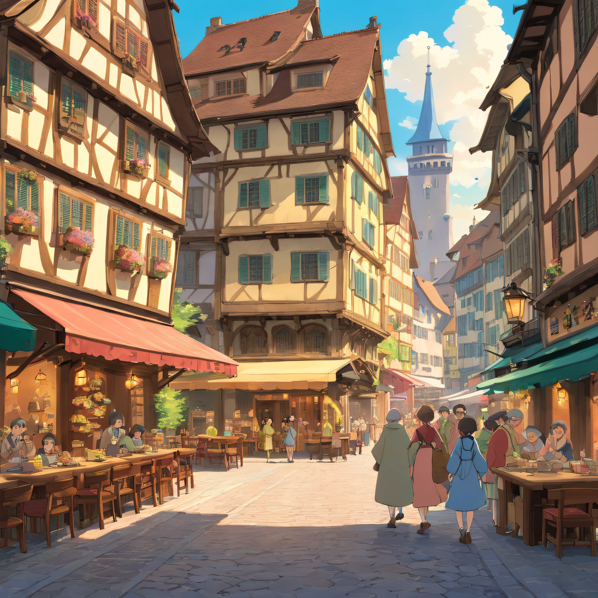 Generate an image of a bustling city square in the year 1518, with a distinct backdrop of Strasbourg. Capture the uneasy atmosphere with people showing expressions of confusion and apprehension. Include details of the time period with historical buildings, clothing, and perhaps a banner or two illustrating the harsh realities of famine and disease.