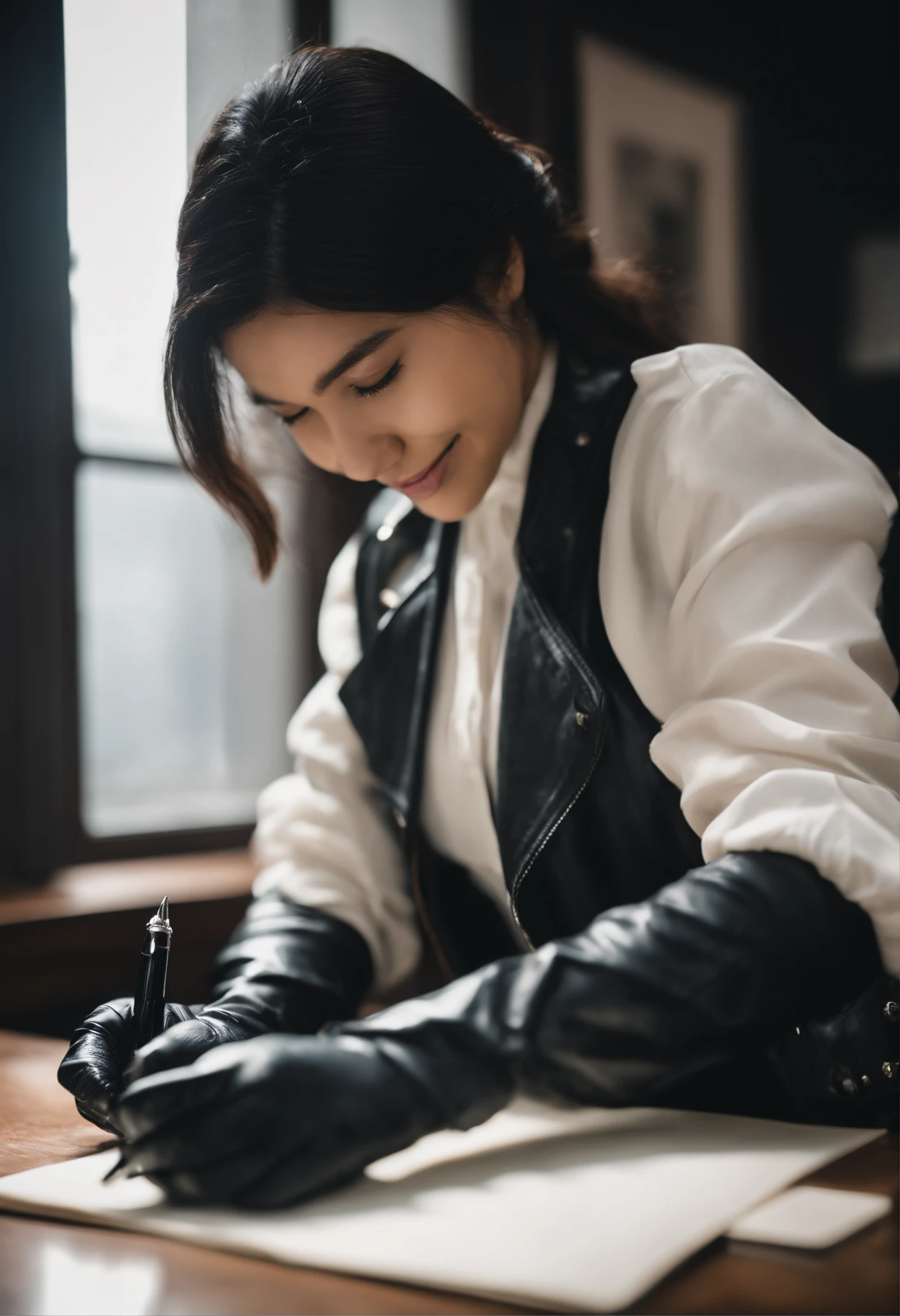 Wearing black leather gloves in both hands, upper body, black leather rider's jacket, facing the desk in the study, looking down and smiling, writing a letter using a fountain pen, black hair long straight, young Japanese woman (black leather gloves cover both hands)