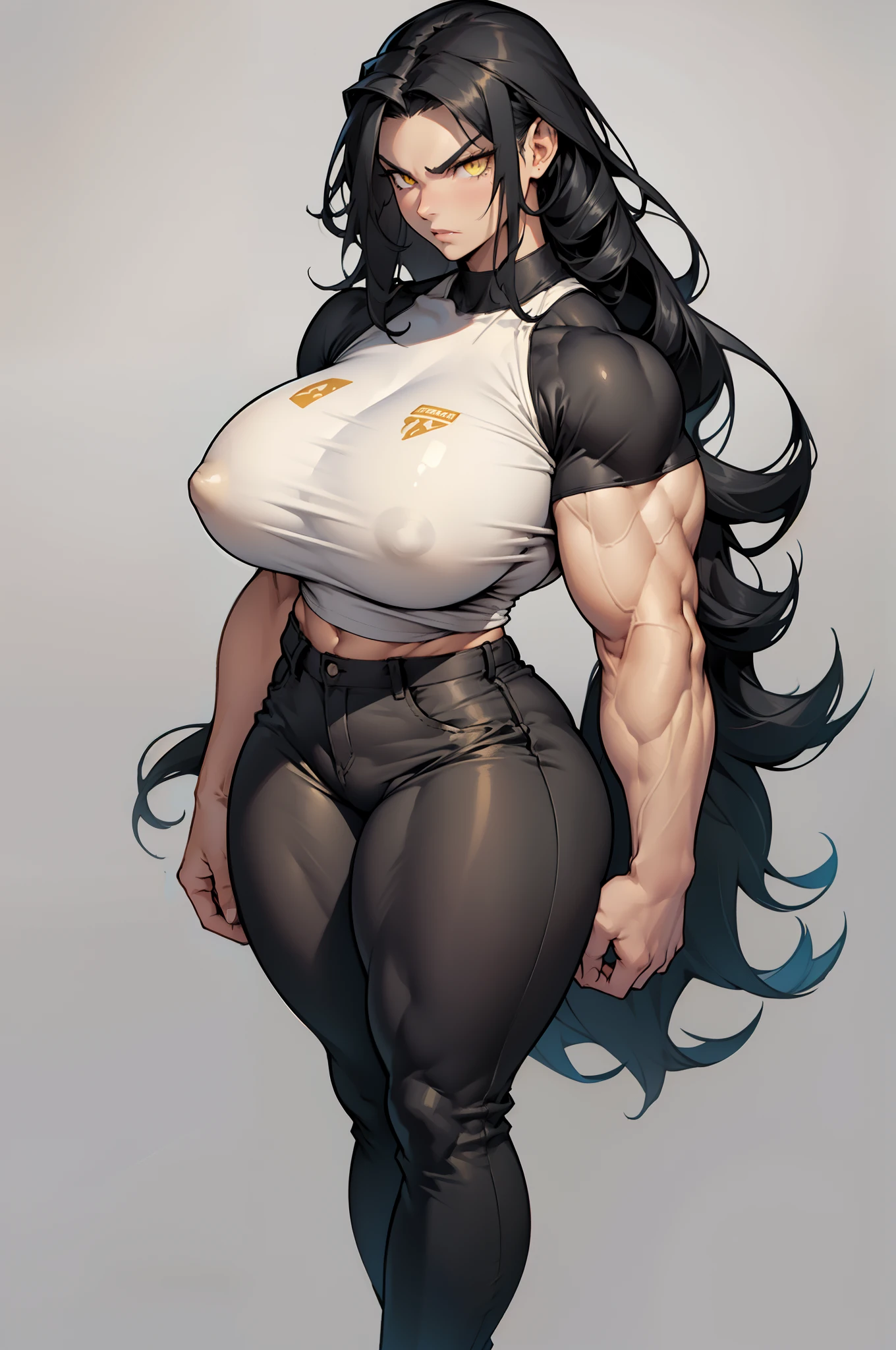((grey background)), solo, ((((1 girl)))), very long hair, black hair, angry, yellow eyes, (((((muscular))))), ((huge tits)), ((thick thighs)), ((wide hips)), (full body), pale skin, (tight shirt), (tight pants), standing, wavy hair