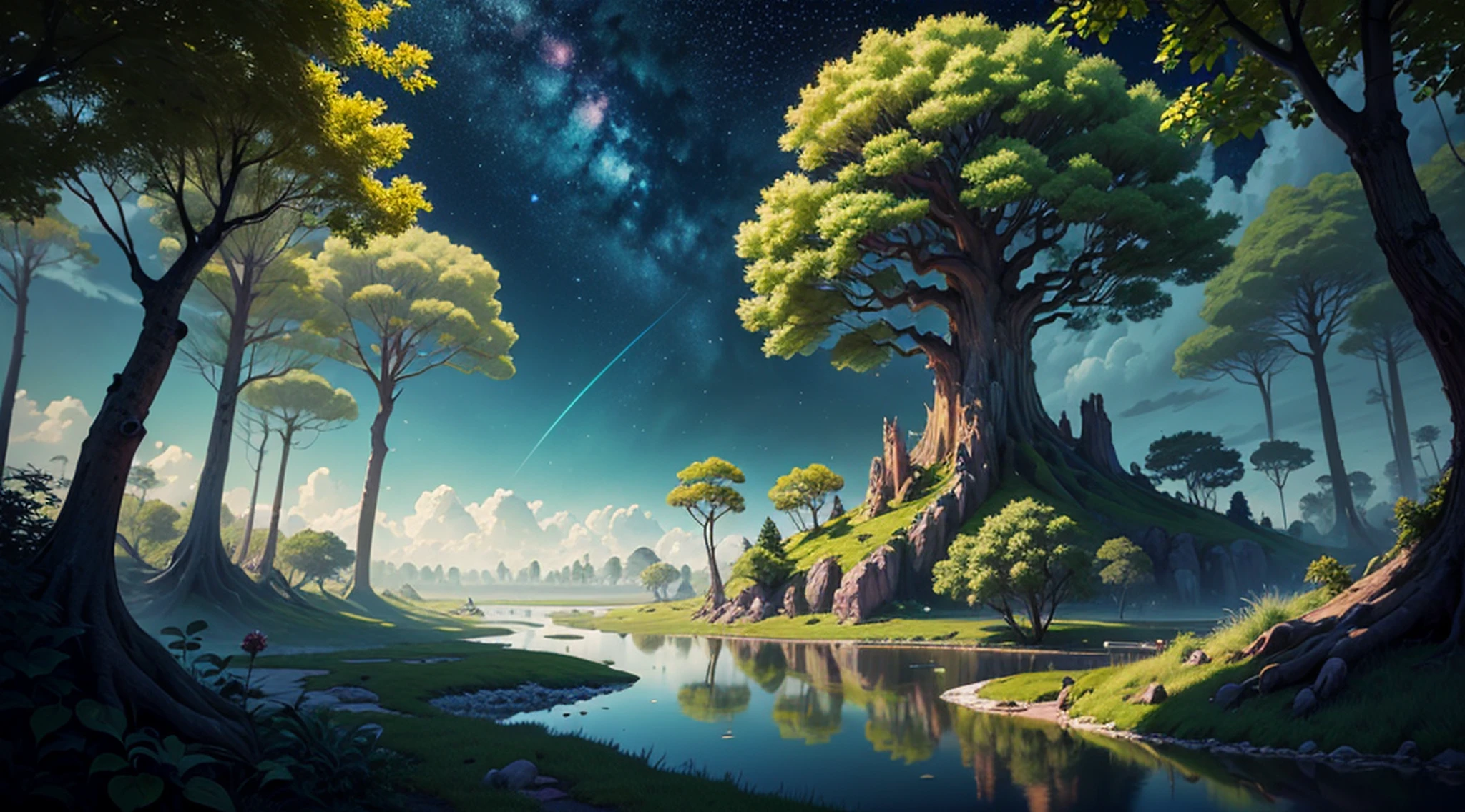 solo, uma garota fada, corpo inteiro, cabelo preto longo, (obra-prima, topquality, bestquality, officialart, (1girl:1.5), extremamente detalhado, highestdetailed, Illustration of a hyperrealistic scene, de outro mundo, Ultrasky with full body of a giant crystal tree, Very detailed and magical lighting, detalhes intrincados da floresta, vegetation and river around, solarpunk, paisagem, giant tree, beautiful leaves with beautiful lighting and realistic proportions, as if it were a cinematic background, 8k, max quality, obra-prima, Clouds and stars in the sky. --auto