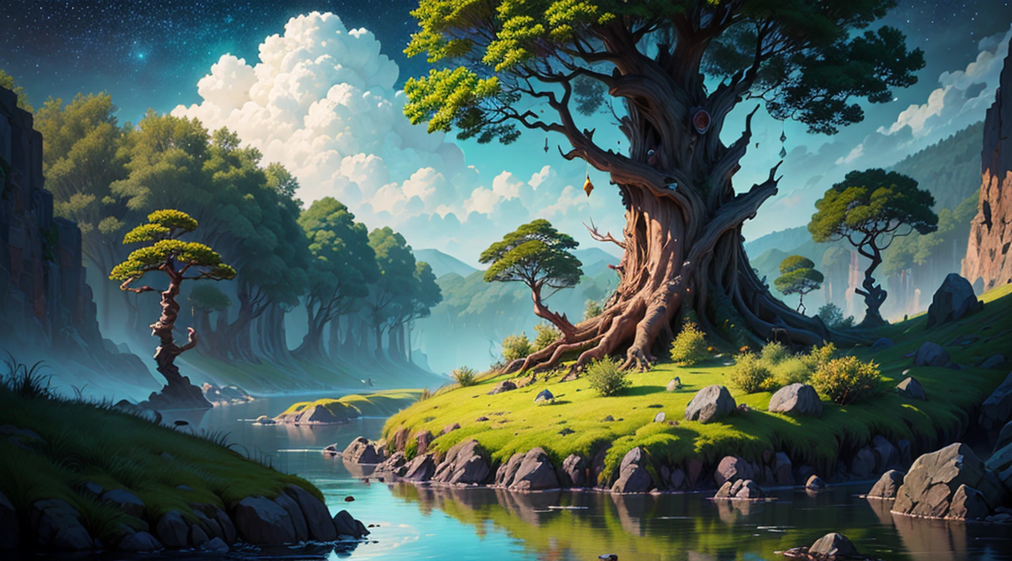 solo, uma garota fada, corpo inteiro, cabelo preto longo, (obra-prima, topquality, bestquality, officialart, (1girl:1.5), extremamente detalhado, highestdetailed, Illustration of a hyperrealistic scene, de outro mundo, Ultrasky with full body of a giant crystal tree, Very detailed and magical lighting, detalhes intrincados da floresta, vegetation and river around, solarpunk, paisagem, giant tree, beautiful leaves with beautiful lighting and realistic proportions, as if it were a cinematic background, 8k, max quality, obra-prima, Clouds and stars in the sky. --auto