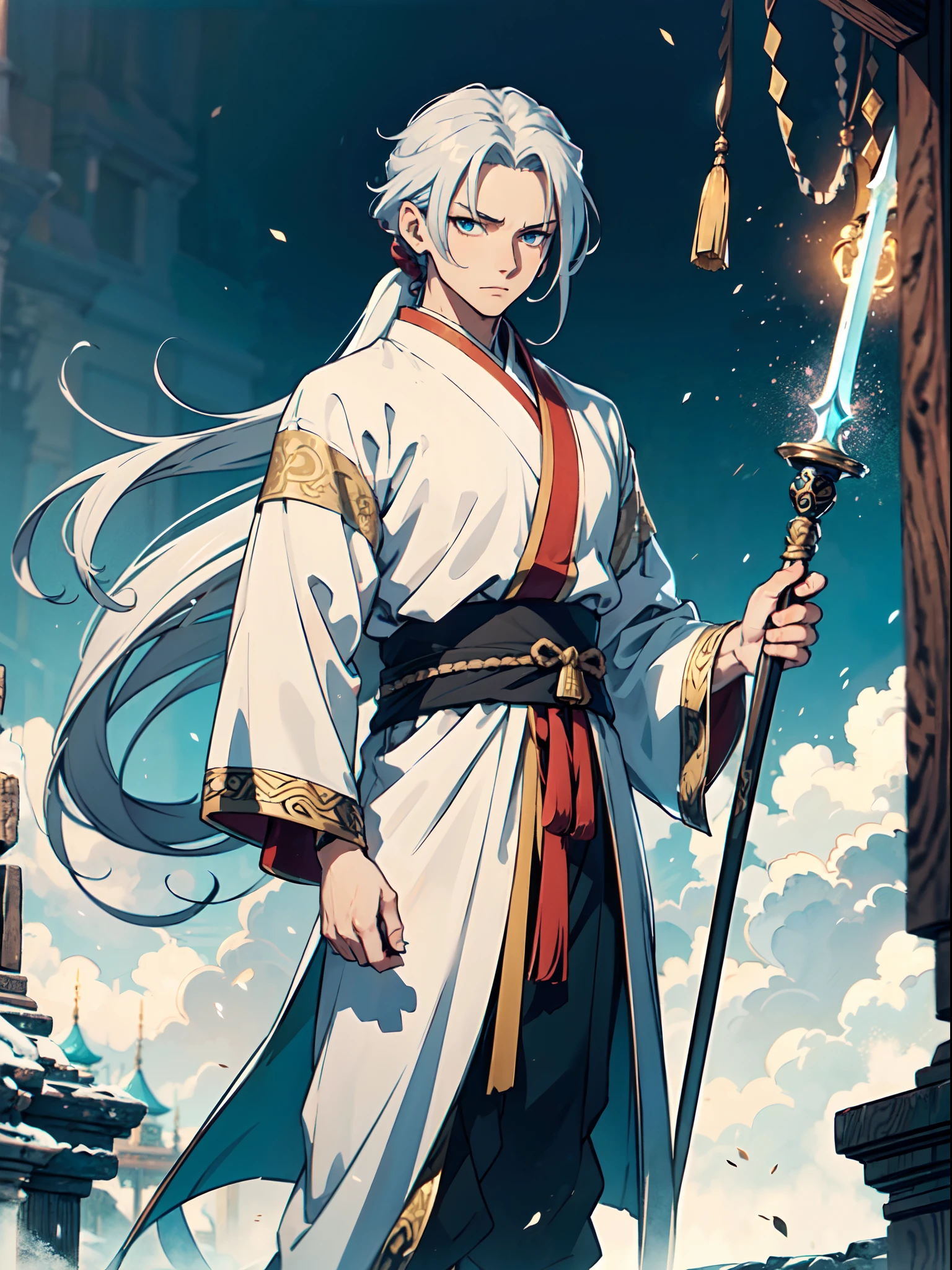 Ultra High Definition, Ultra High Quality, Extremely Detailed, Perfectly Detailed, Masterpiece, 8k, 1 Boy, Look A Like Xin From Kingdom Anime, Handsome, Equipped With Chinese Emperor Silk Clothes, Solid Light Blue Eyes, Long Silver Hair Tied, Holding A Perfectly Detailed Excalibur, Full Body Shot, Masculine, Ancient Kingdom Background