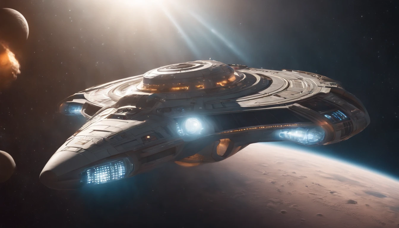 An intricate futuristic designed spaceship the size of a city, flying through another solar system