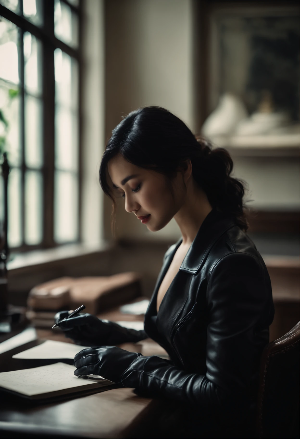 Wearing black leather gloves in both hands, upper body, black leather rider's jacket, facing the desk in the study, looking down and smiling, writing a letter using a fountain pen, black hair long straight, young Japanese woman (black leather gloves cover both hands)