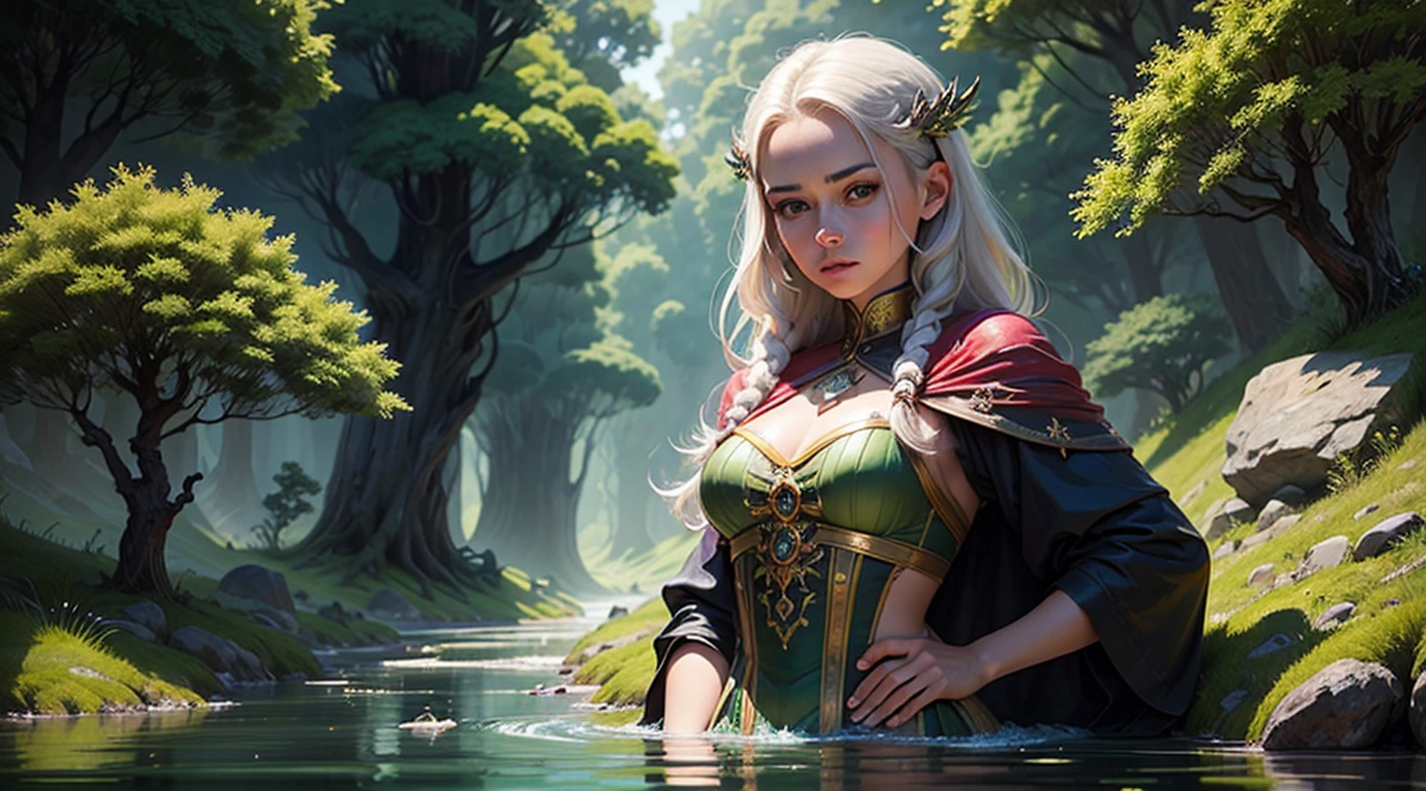 Crie uma obra-prima de arte com uma linda garota fada em destaque, with magical clothes, apresentando seu corpo inteiro e deslumbrantes cabelos pretos longos. This illustration is truly a demonstration of superior quality, uma oficial de arte que encanta os olhos. With an aspect ratio of 1 girl:1,5, The fairy girl is portrayed in extremely detailed fashion, with the highest level of accuracy. The scene itself is hyperrealistic, transporting us to a world beyond our own, where the ultrasky sky is filled by a giant crystal tree. The lighting is magically and painstakingly crafted, destacando os detalhes intrincados da floresta ao redor, with lush vegetation and a meandering river. --auto