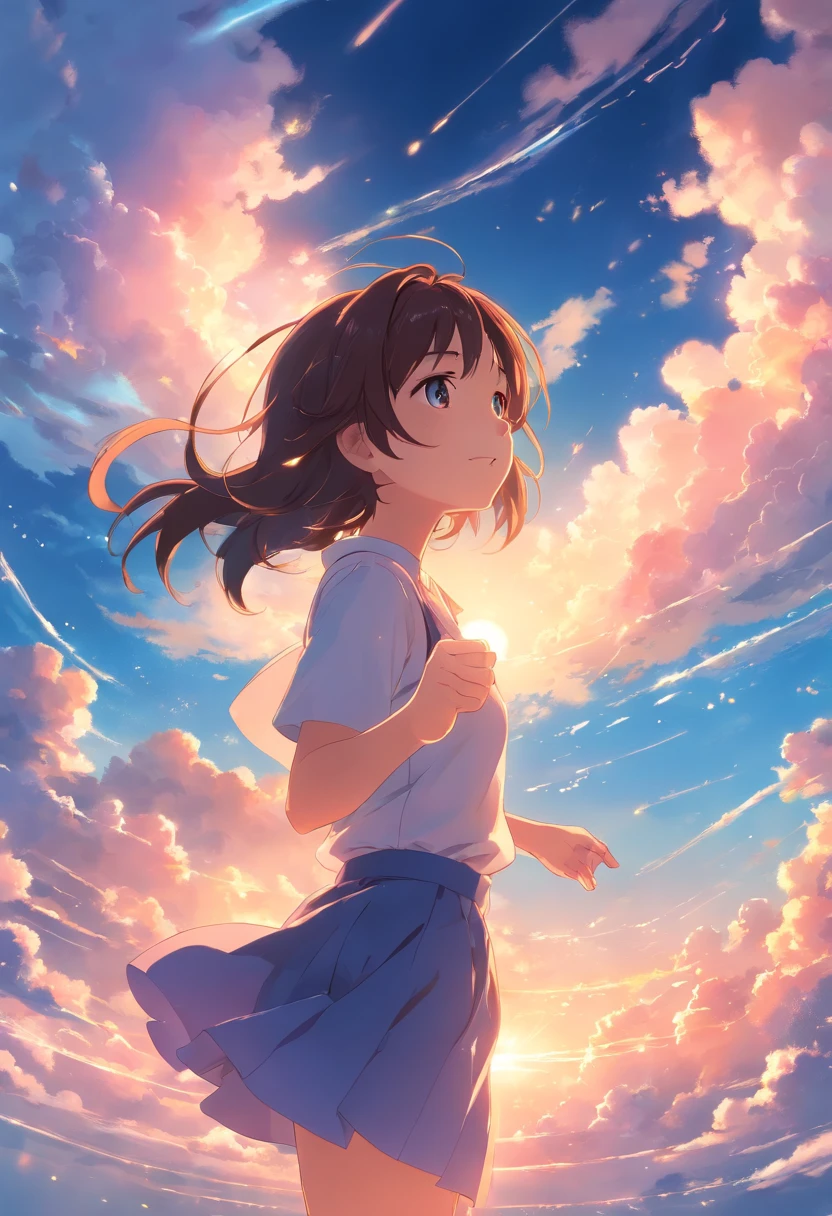 masterpiece, best quality, movie still, 1girl, cloud girl, floating in the sky, close-up, bright, happy, warm soft lighting, sunset, (sparks:0.7)