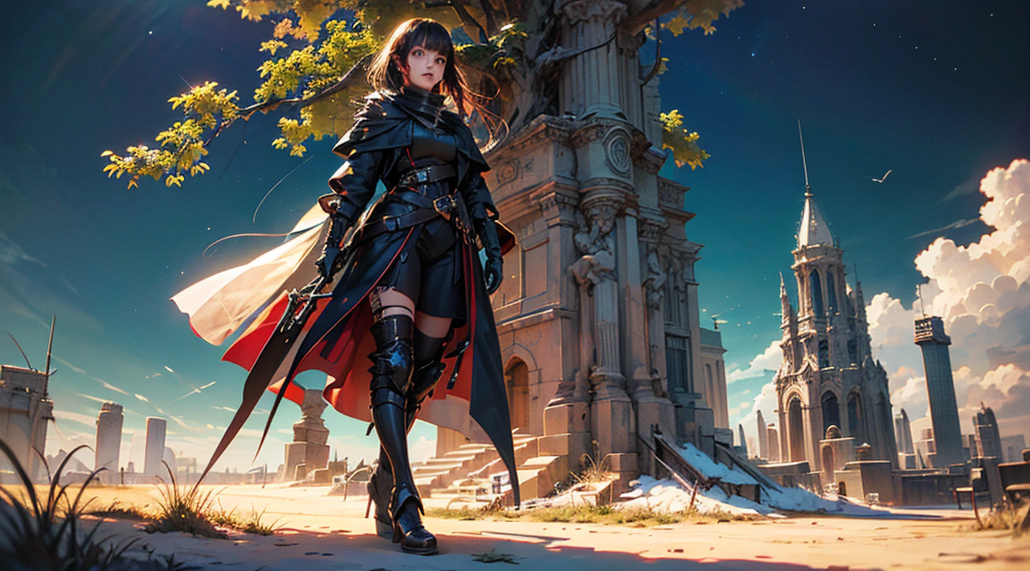 solo, a goth girl, corpo inteiro, cabelo preto longo, (obra-prima, topquality, bestquality, officialart, beautifulandaesthetic:1.4), (1girl:1.5), cabelo preto longo, extremamente detalhado, highestdetailed, Illustration of a hyperrealistic scene, de outro mundo, Ultrasky with full body of a giant crystal tree, Very detailed and magical lighting, detalhes intrincados da floresta, vegetation and river around, solarpunk, paisagem, giant tree, beautiful leaves with beautiful lighting and realistic proportions, as if it were a cinematic background, 8k, max quality, obra-prima, Clouds and stars in the sky. --auto