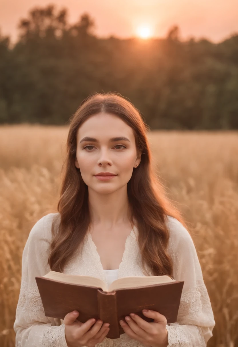 Christian woman holds bible in hands reading holy bible in a field during beautiful sunset concept