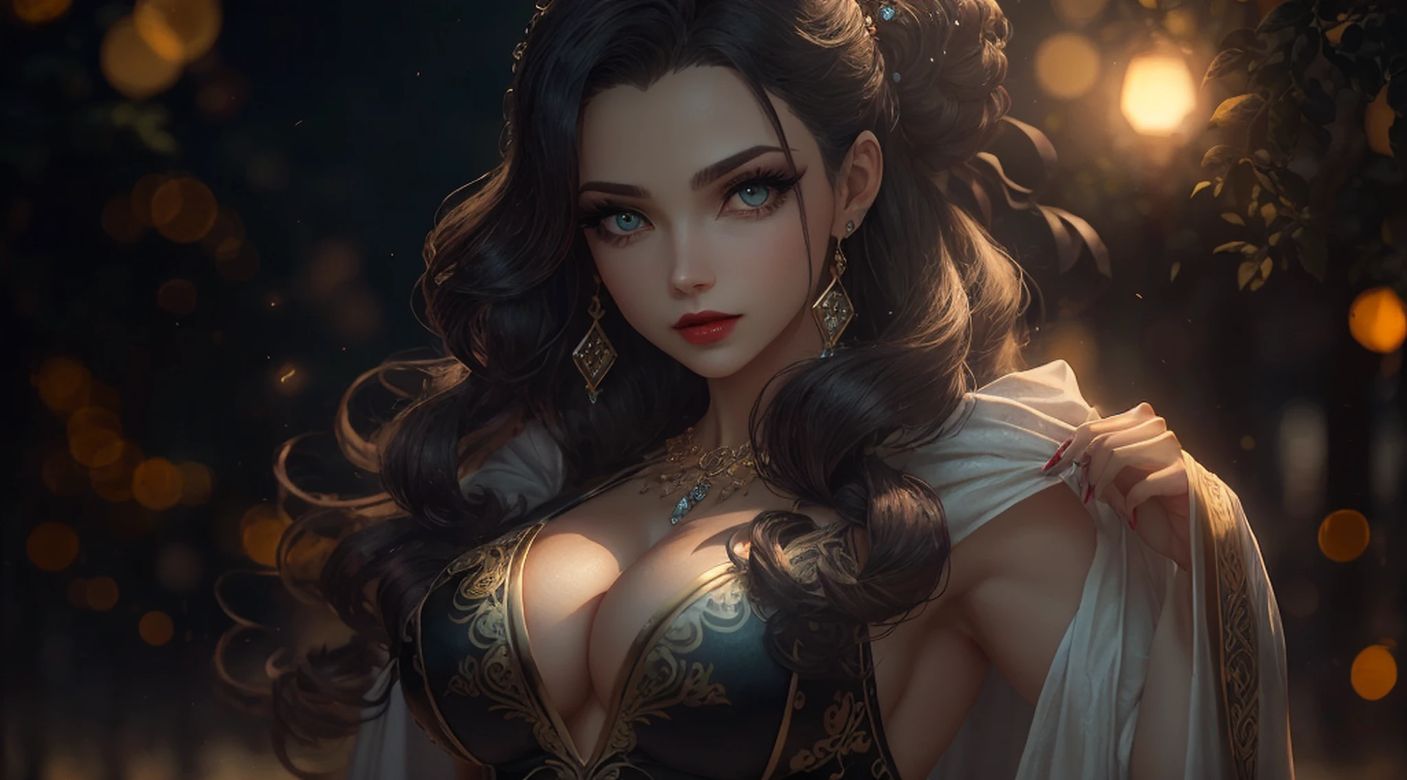luz fraca, igreja velha, mature female vampire, redlips, expor presa de vampiro, pupilas azuis brilhantes, magro, alto, cabelo encaracolado preto longo, capa preta longa, leotardy vermelho longa saia-renda longa com diamante, pulseira de ouro, 8k, motor Unreal, altamente detalhado, tiro de corpo inteiro, (Skindentation: 1.5), realista, realista, (obra-prima: 1.5), arte conceitual, detalhes intrincados, altamente detalhado, realista, octane rendering, 8K, motor irreal, dinamic pose, melhor qualidade, alta resolução, (rosto realista: 1.1), (hiper-realismo: 1.1) , ((full_body)), olhos perfeitos, (pele brilhante: 1.2), ((penteado))), ((perfect hands))), (fundo muito detalhado), ((dynamic background), ((1girl)), ((Olhos detalhados, Olhos de alta qualidade, Rosto de alta qualidade)), saia-renda longa com diamante extremamente complexos, magical robes), magia, (dramatic), epic, profundidade de campo, bokeh, 4k, gotica, particules --auto