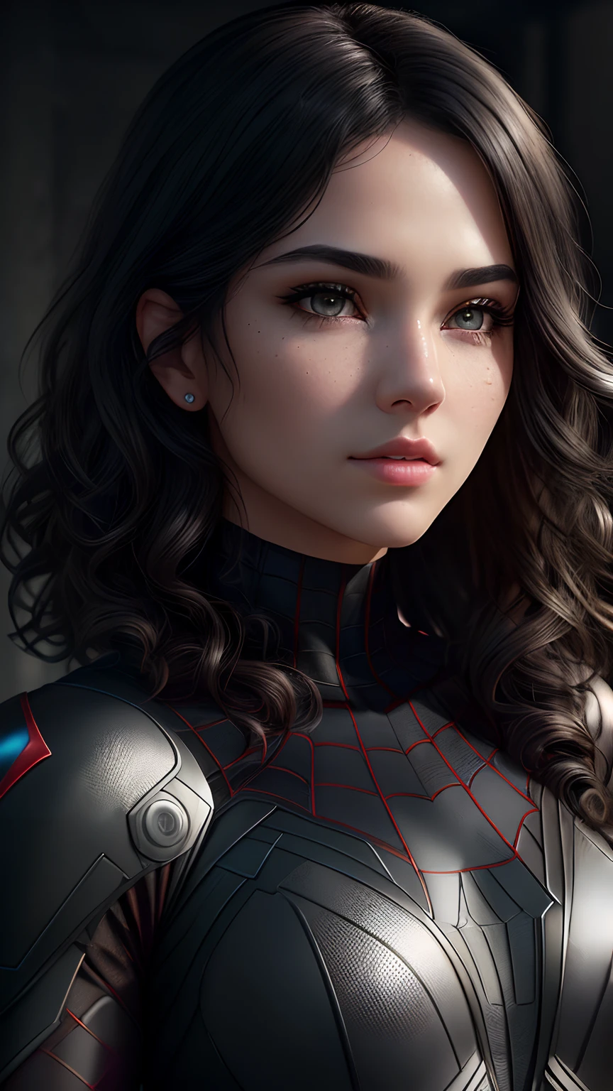 (RAW, analogue, Nikon Z 14mm ultra wide angle lens, award-winning glamor photography, ((best quality)), ((masterpiece)), ((realistic)), skin pores, subsurface scattering, light rays radiant, high-res, detailed facial features, high detail, sharp focus, soft, aesthetic, extremely detailed ((light gray eyes, extremely detailed eyes, extremely detailed iris)), extremely detailed hair, extremely detailed skin, extremely detailed clothing, octane rendering, photorealistic, realistic, post-processing, maximum detail, realistic shadows, roughness, natural skin texture, real life, ultra-realistic, photorealism, photography, 8k UHD, photography, hdr, intricate, elegant, highly detailed, focus sharp, stunning, beautiful, wonderful), Beautiful and realistically detailed 18 year old girl as Marvel's Spidergirl, makeup, full body visible, ((short black curly hair)), realistic skin, photorealistic, realistic cinematic shot (CG wallpaper unity 8k extremely detailed), trending on ArtStation, trending on CGSociety, High detail, Sharp focus, dramatic, beautiful background, full shot, high quality, (beautiful face), (detailed face), detailed hands, beautiful hands