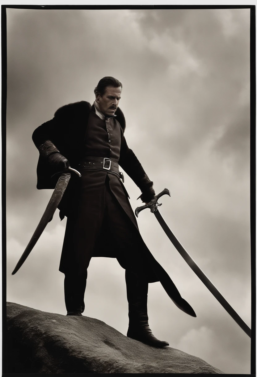 Film Photography Film Posters, una gran mazmorra llena de monstruos tenebrosa al fondo, un hombre enojado con una espada observado desde la espalda a los mounstruos, multitud de personas asesinadas en el suelo, vestimenta adecuada para combatir