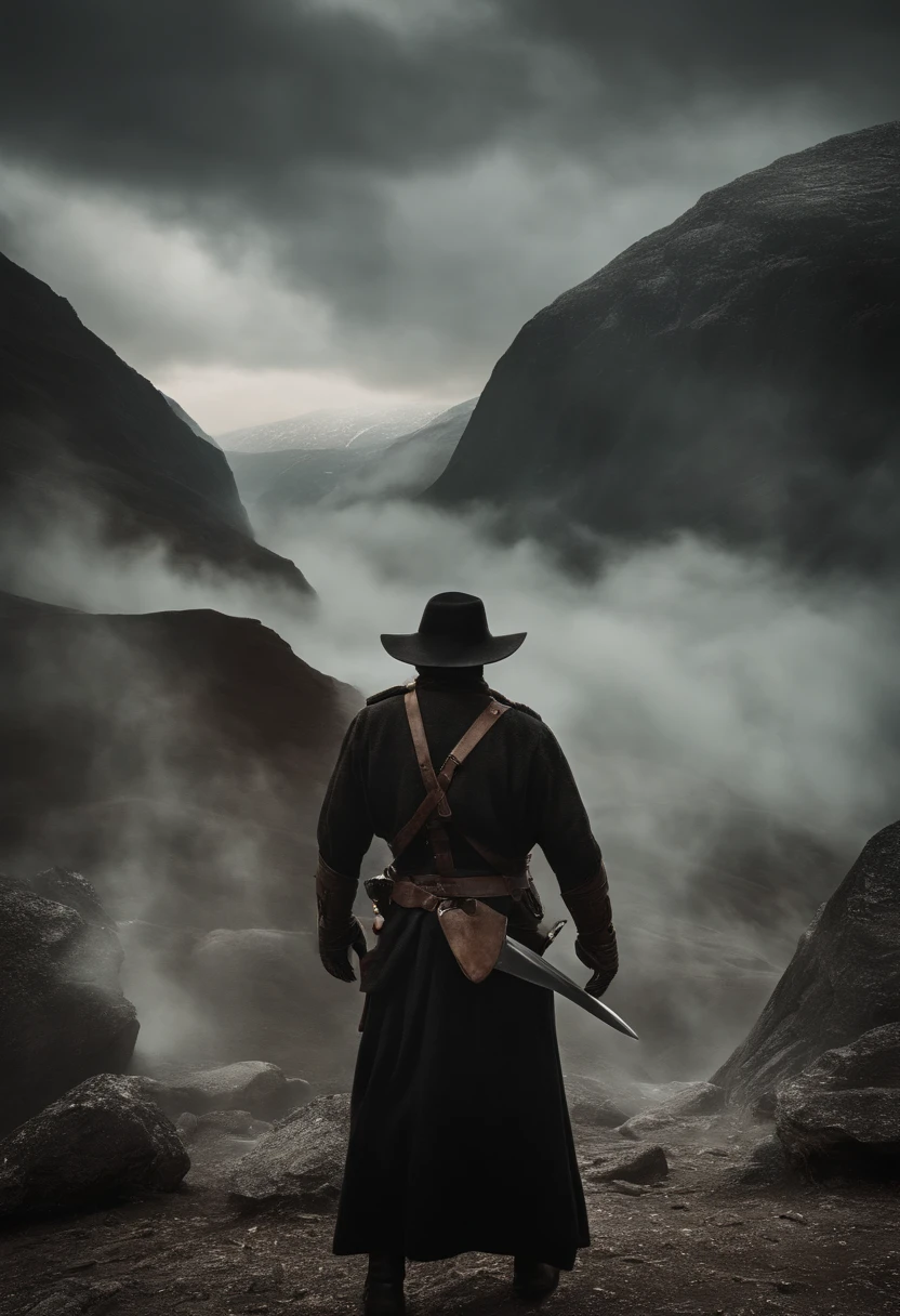 Film Photography Film Posters, una gran mazmorra llena de monstruos tenebrosa al fondo, un hombre enojado con una espada observado desde la espalda a los mounstruos, multitud de personas asesinadas en el suelo, vestimenta adecuada para combatir